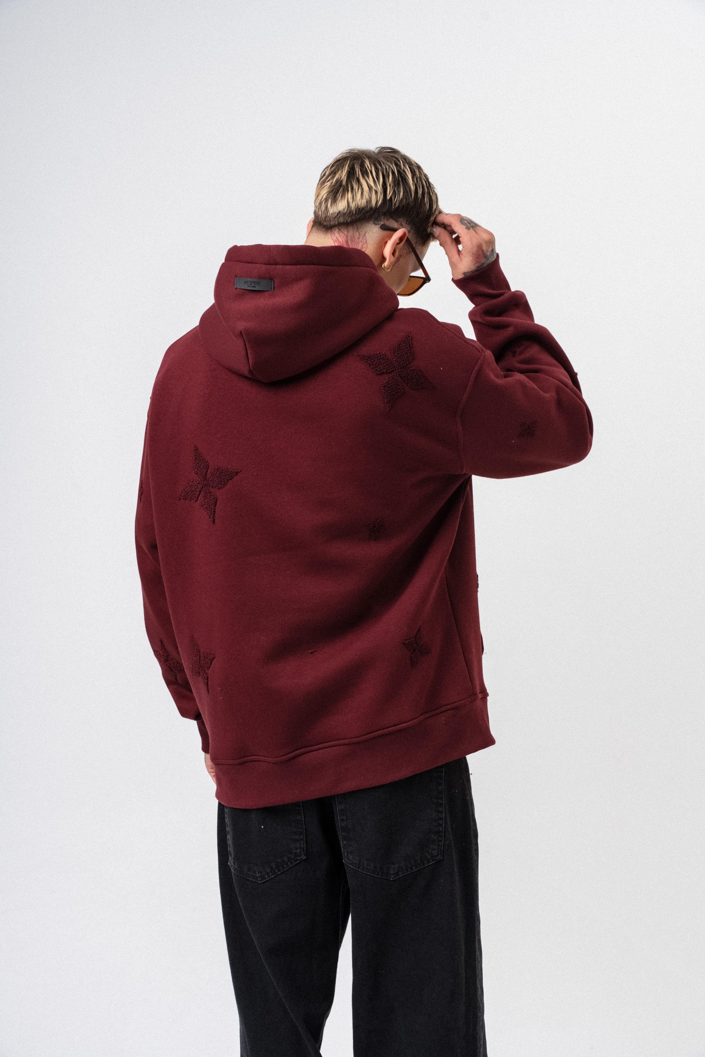 Erkek Süzene Nakış Detaylı Kapüşonlu Oversize Hoodie Bordo