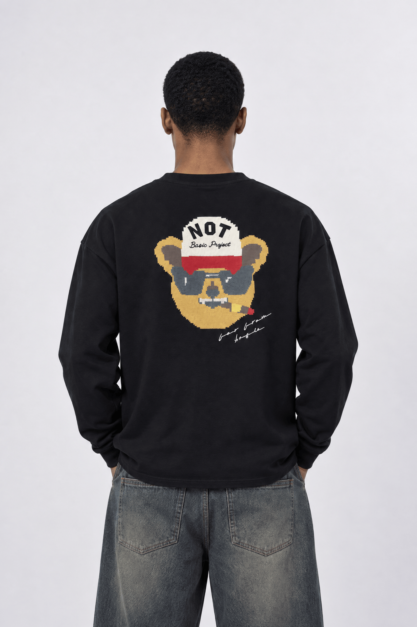 Erkek Teddy Baskılı Oversize Long Sleeve Siyah