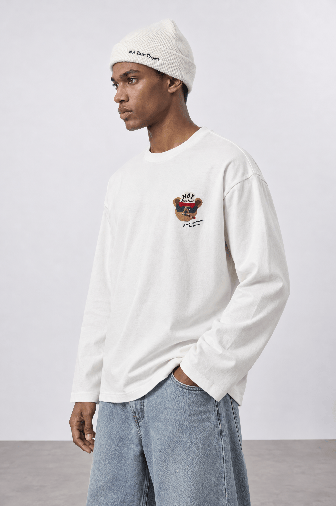 Erkek Teddy Baskılı Oversize Long Sleeve Ekru