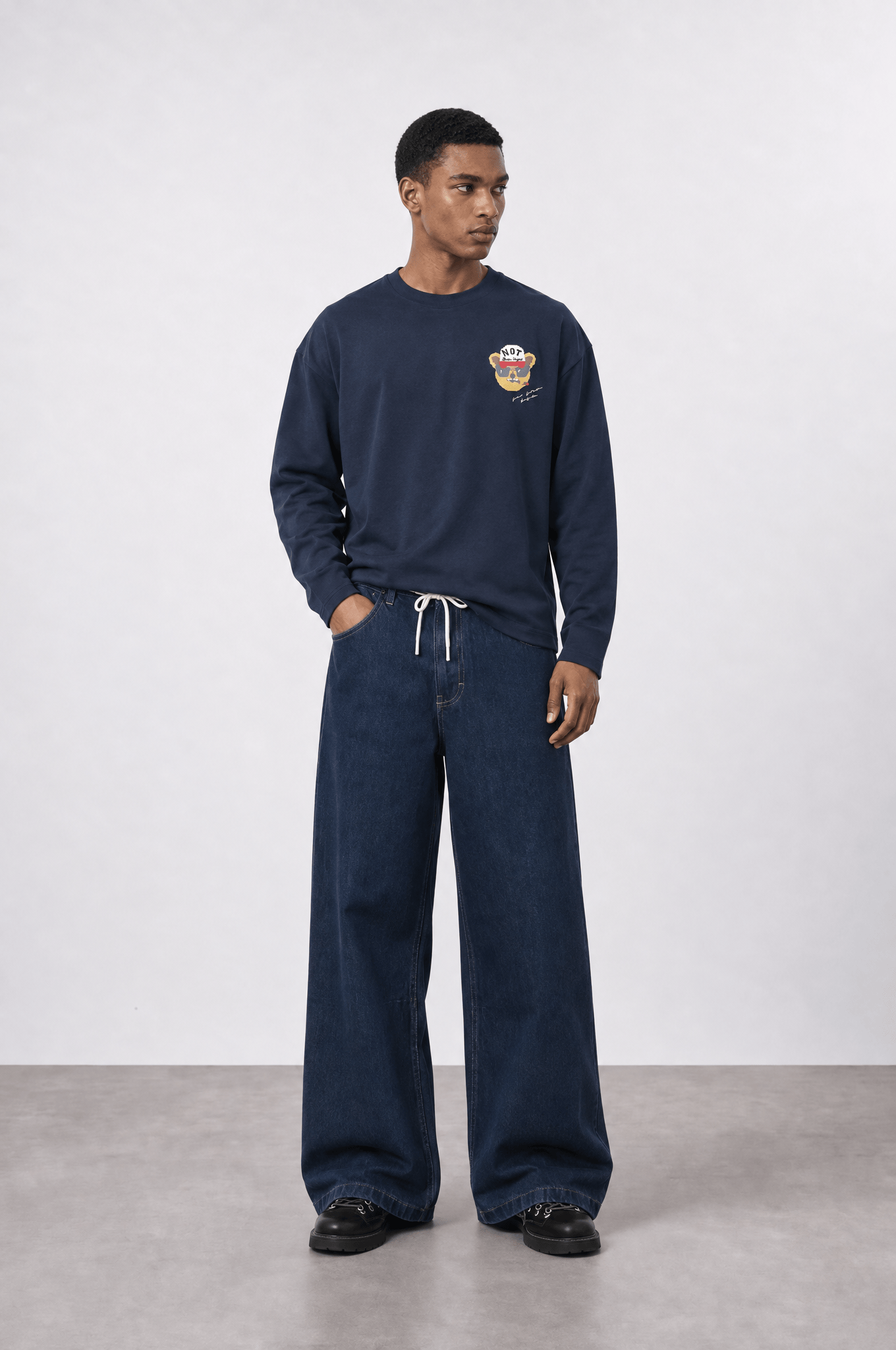 Erkek Teddy Baskılı Oversize Long Sleeve Lacivert