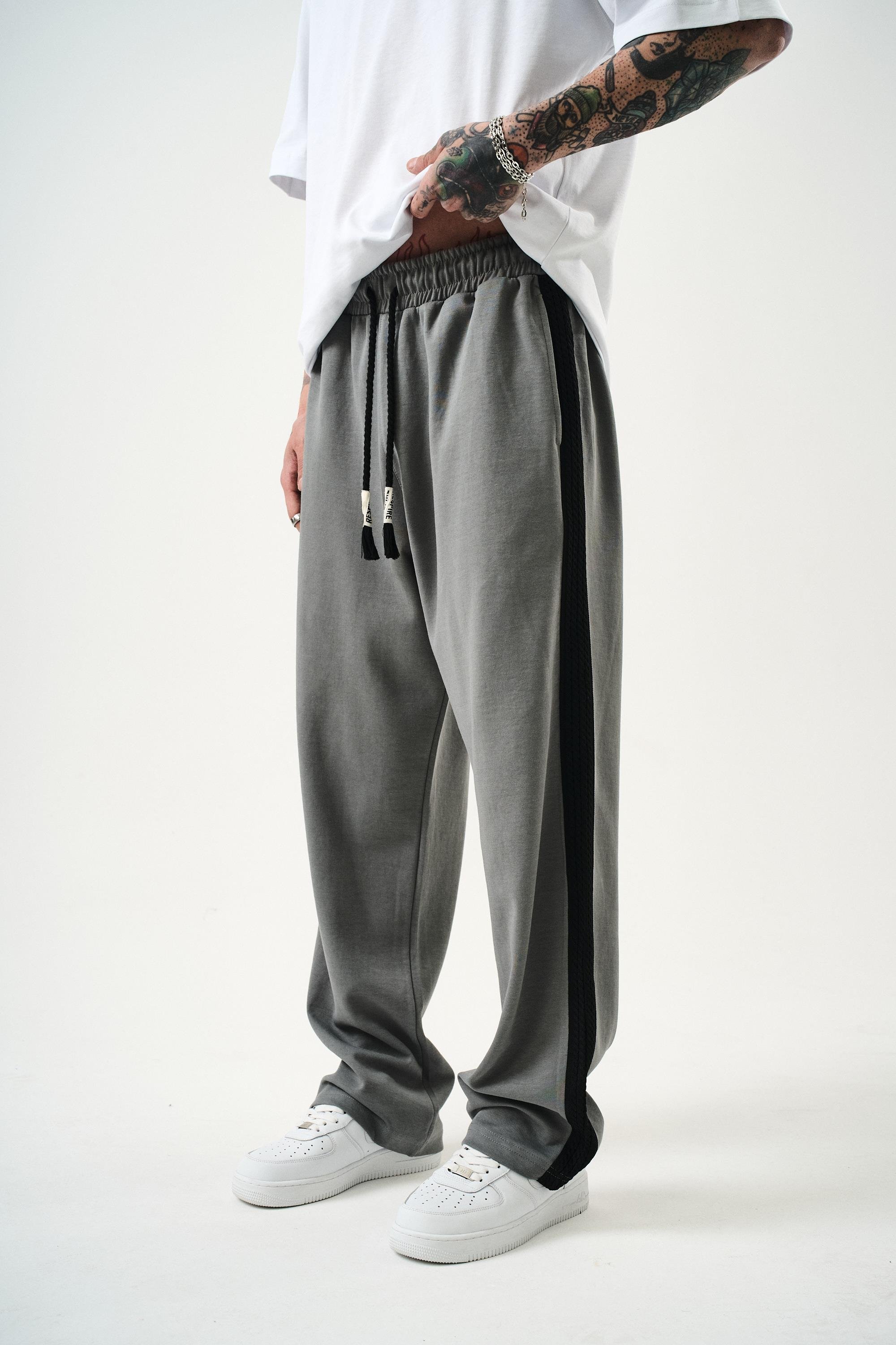 Erkek Tek Şerit Detaylı İnterlok Baggy Eşofman Altı Füme