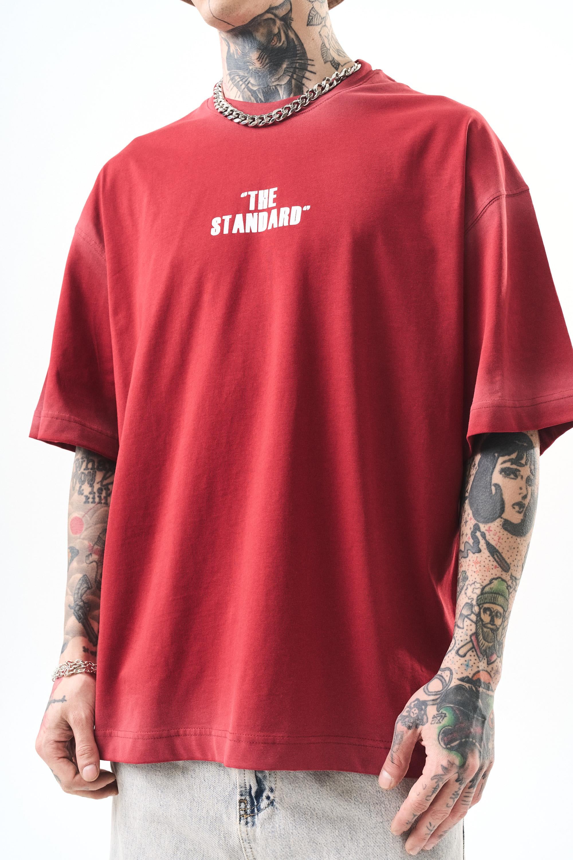 Erkek The Standard Baskılı Oversize T-Shirt Bordo