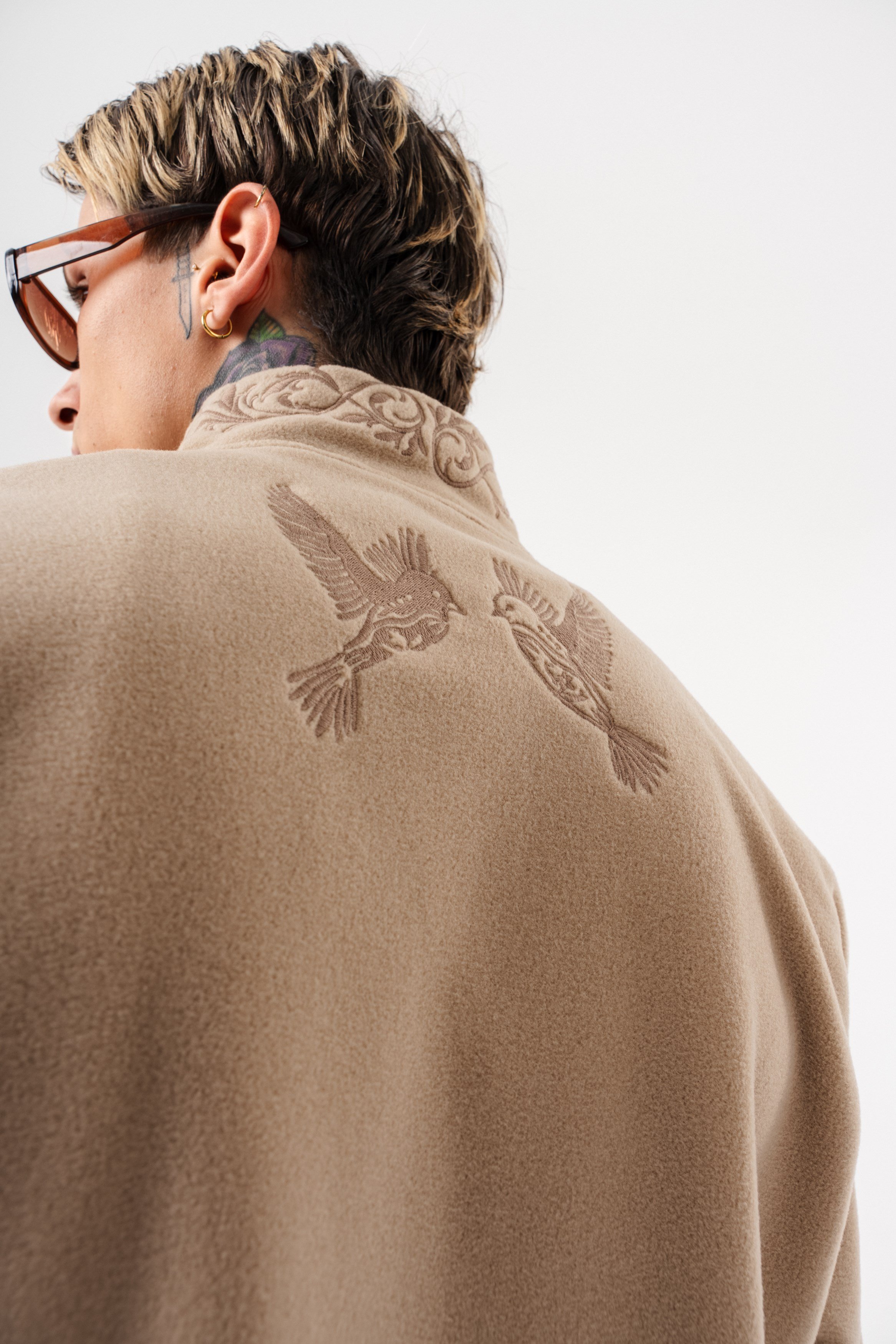Erkek Threadora Zip Oversize Polar Ceket Bej