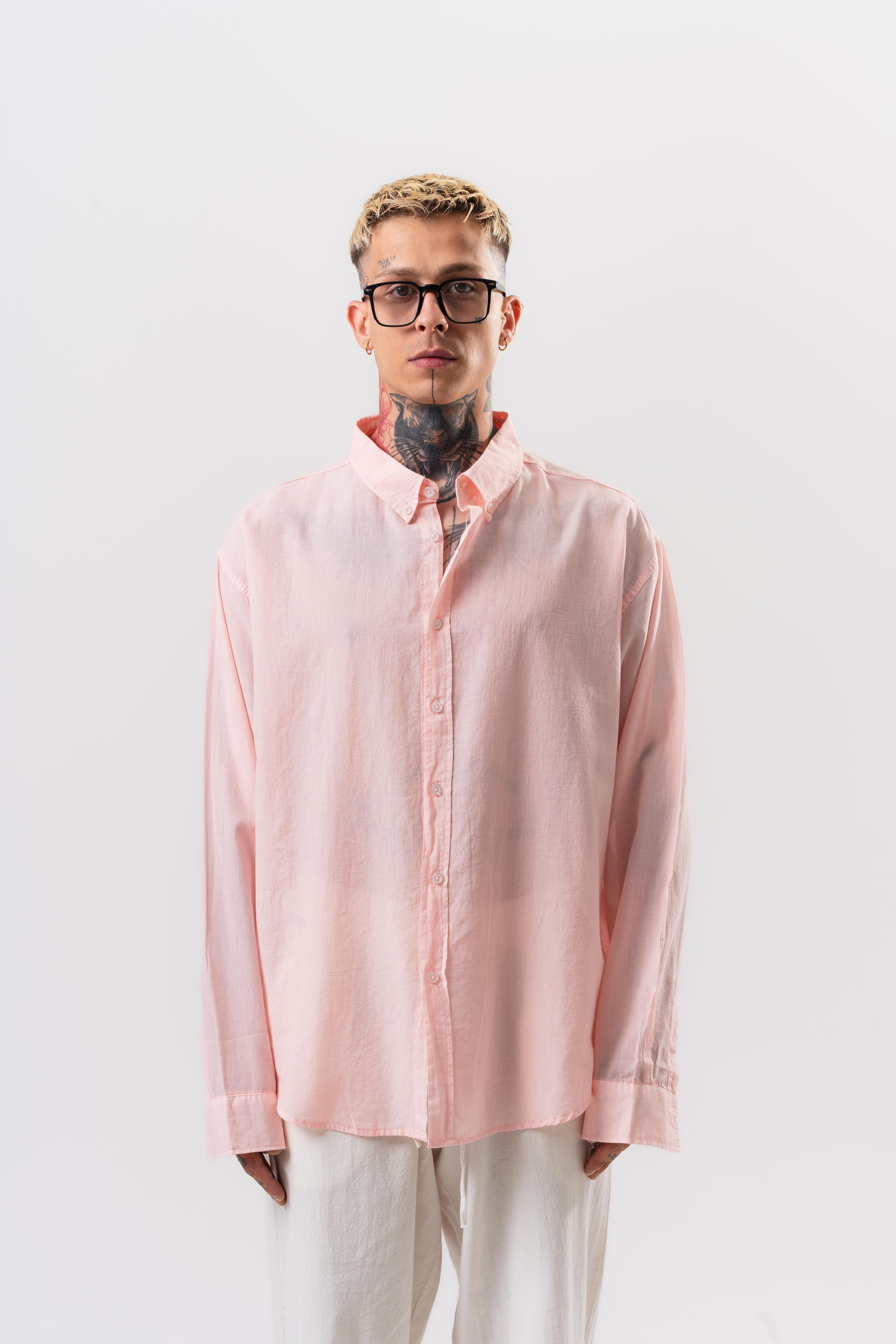 Erkek Uzun Kol Oversize Vual Gömlek Pembe