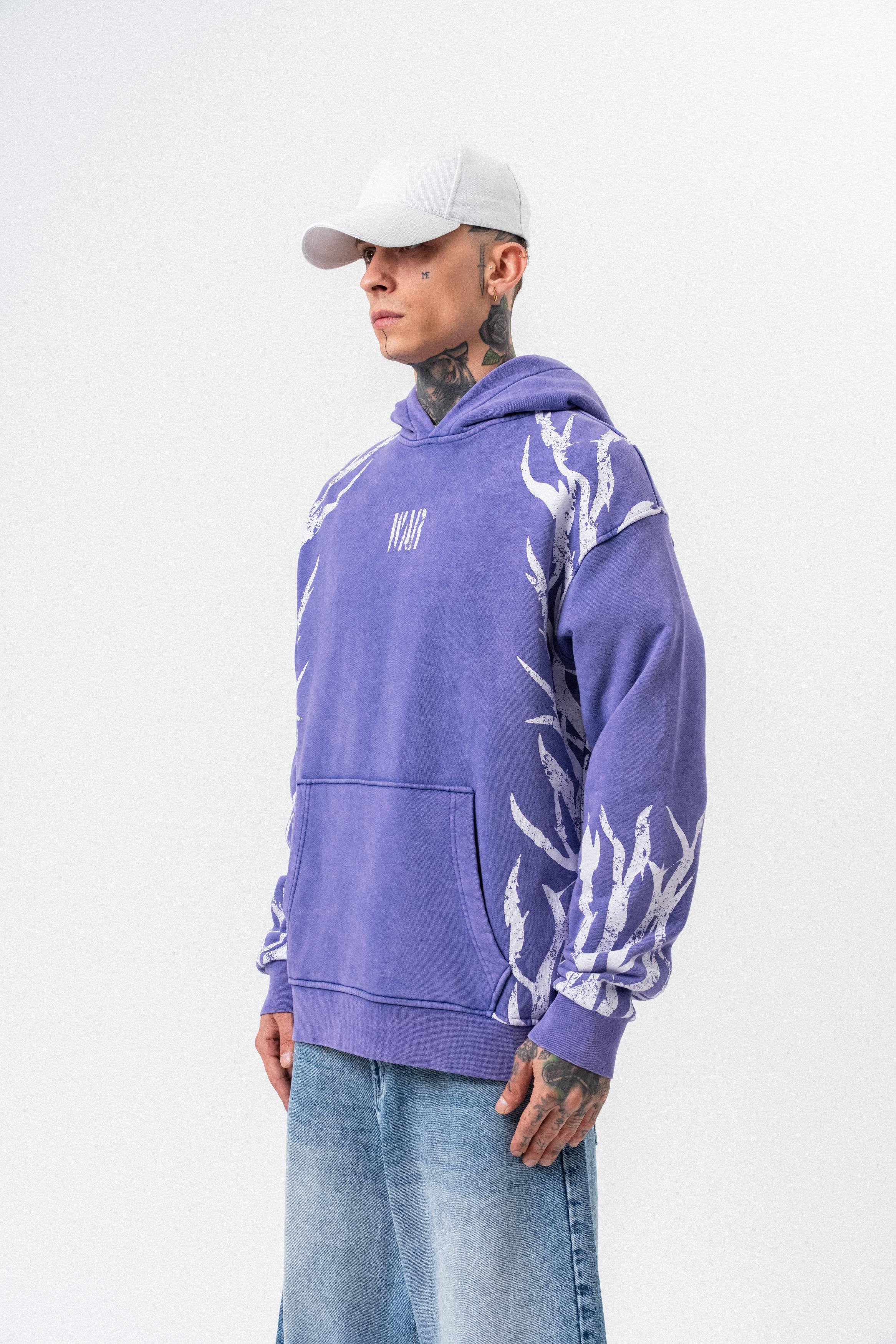 Erkek War Baskılı Yıkamalı Kapüşonlu Oversize Hoodie Mor