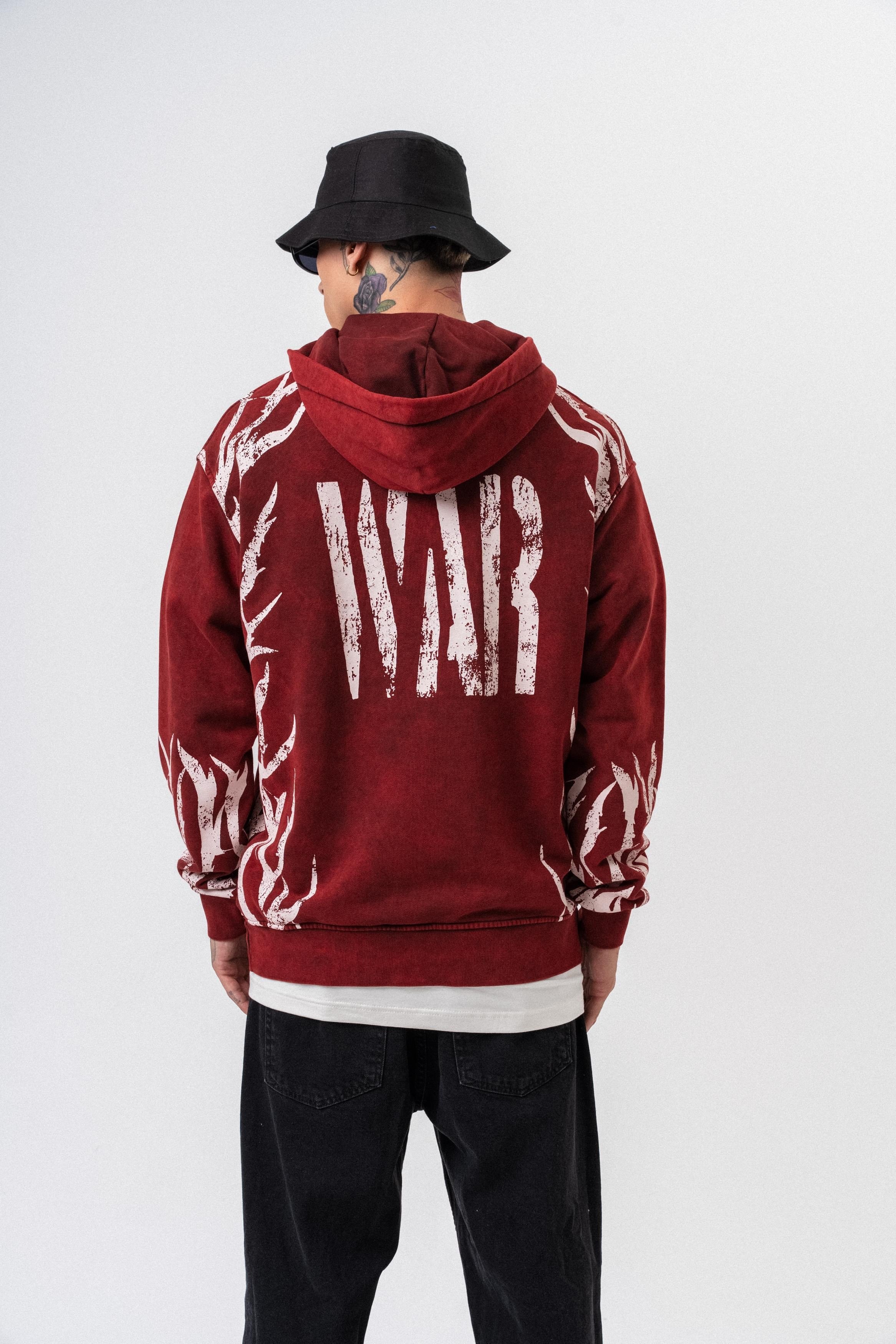 Erkek War Baskılı Yıkamalı Kapüşonlu Oversize Hoodie Bordo