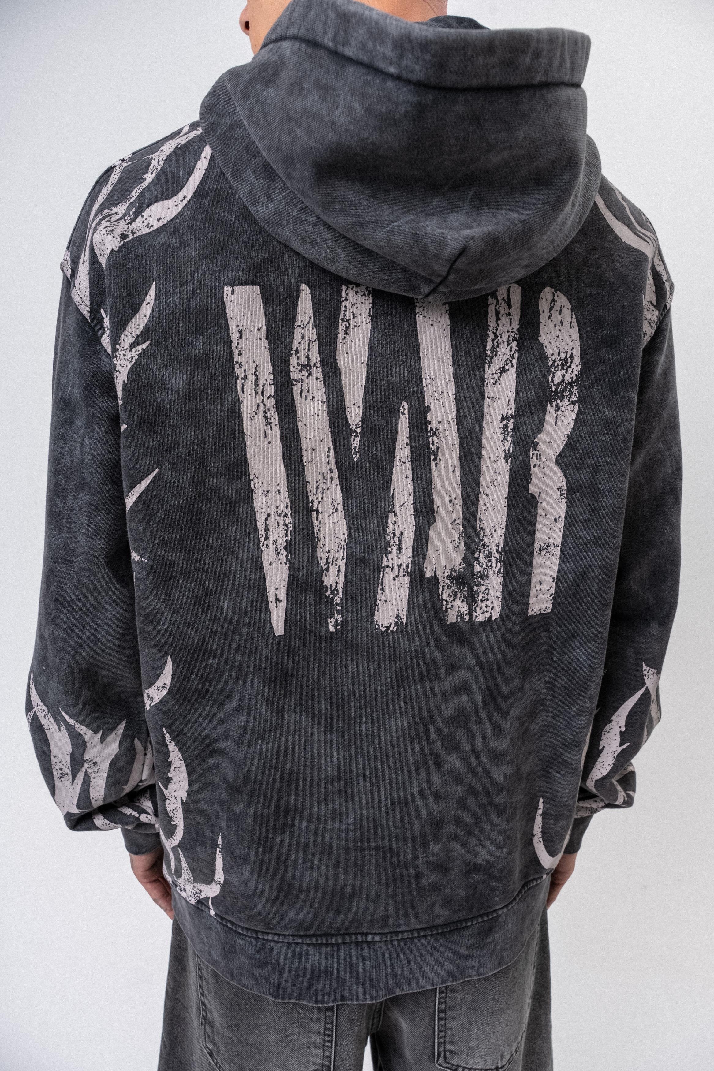 Erkek War Baskılı Yıkamalı Kapüşonlu Oversize Hoodie Siyah