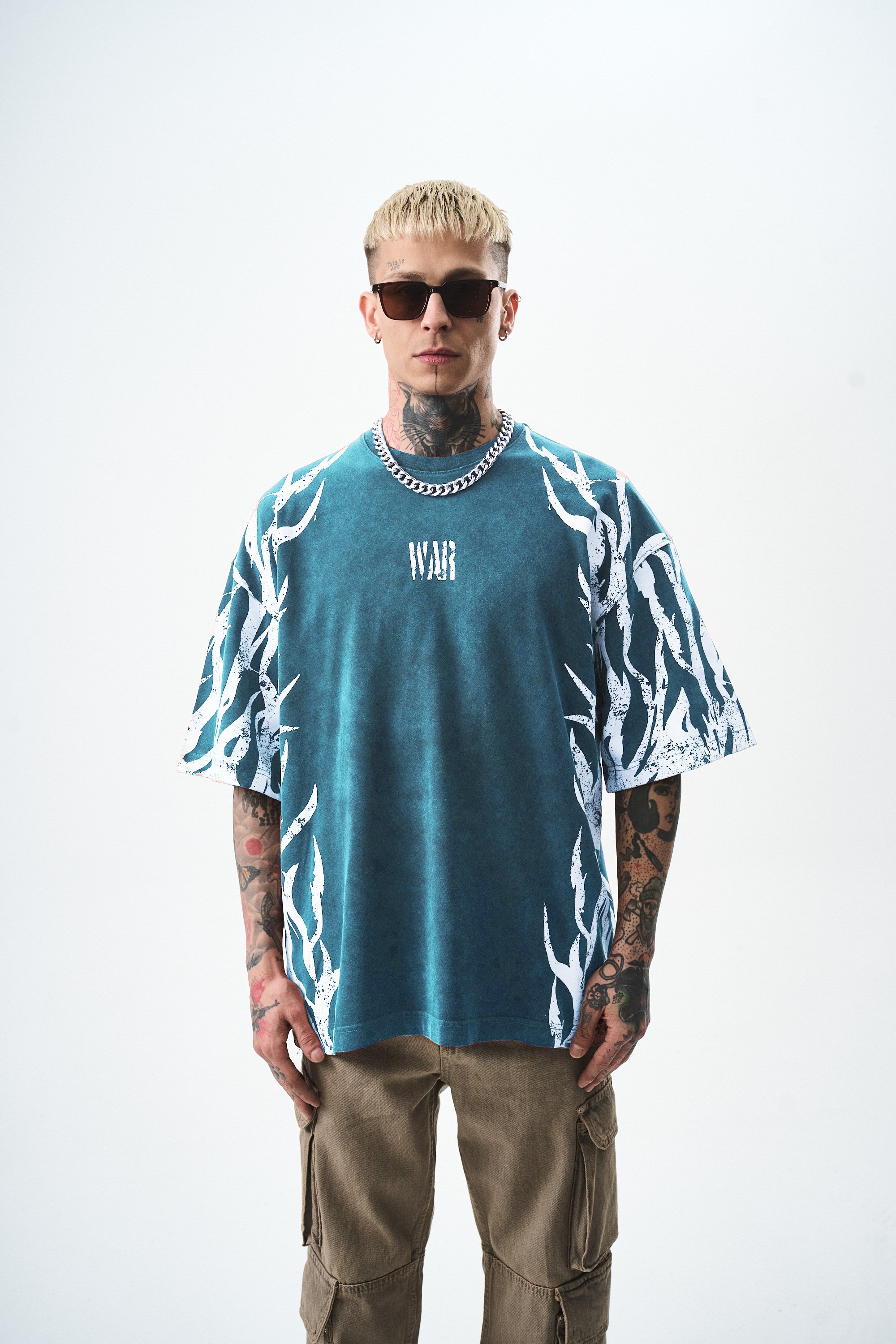 Erkek War Baskılı Yıkamalı Oversize T-Shirt Petrol