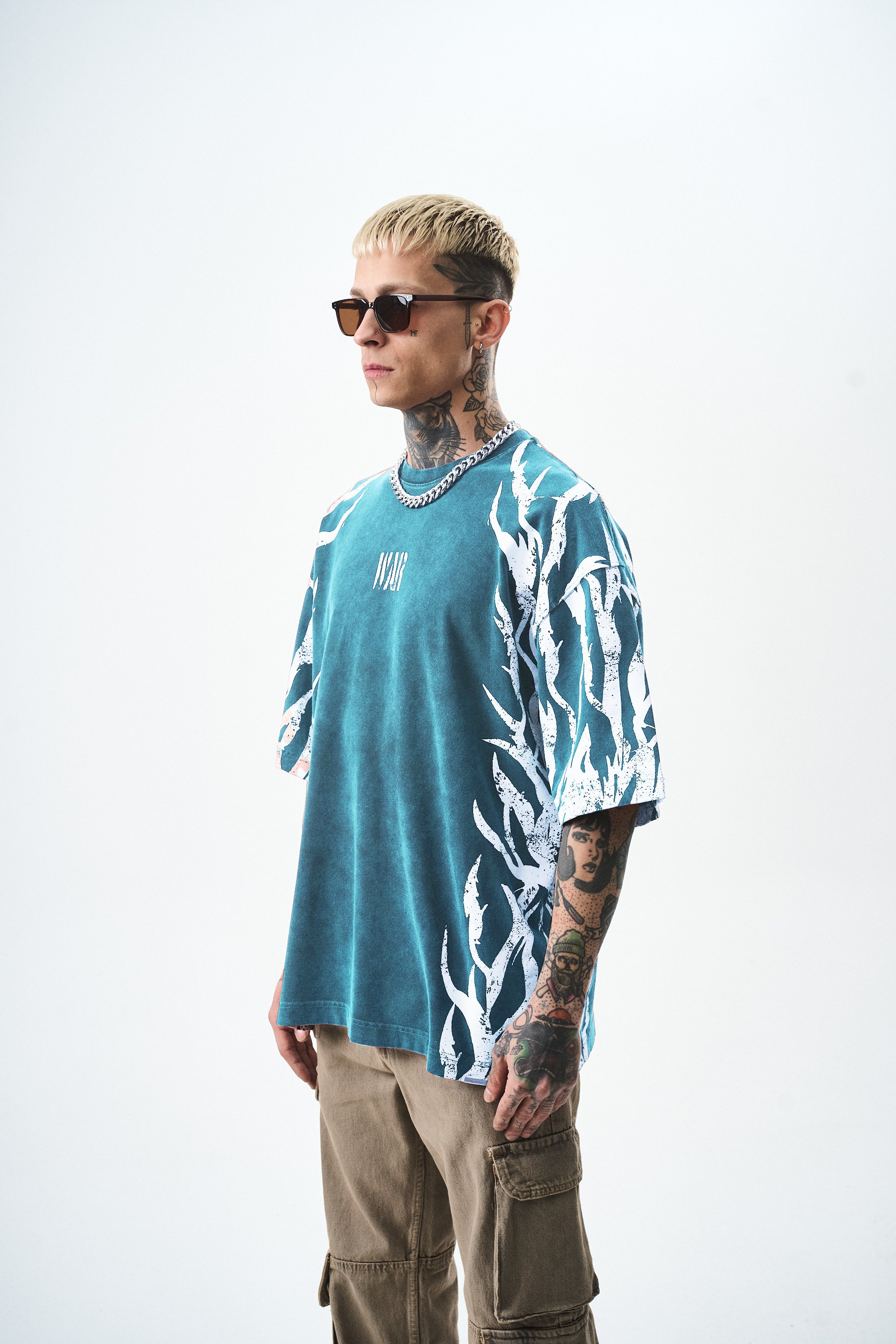 Erkek War Baskılı Yıkamalı Oversize T-Shirt Petrol