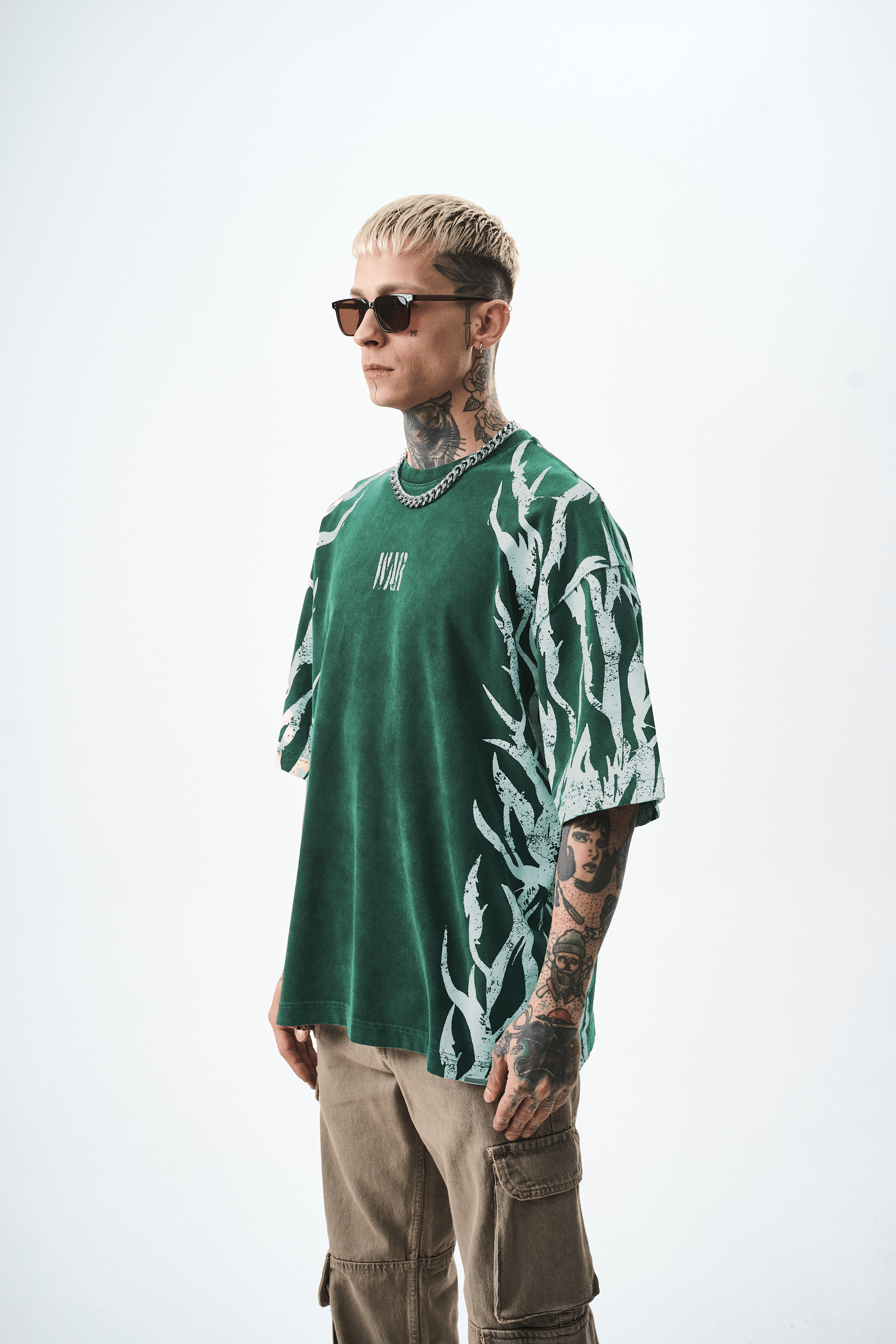 Erkek War Baskılı Yıkamalı Oversize T-Shirt Yeşil