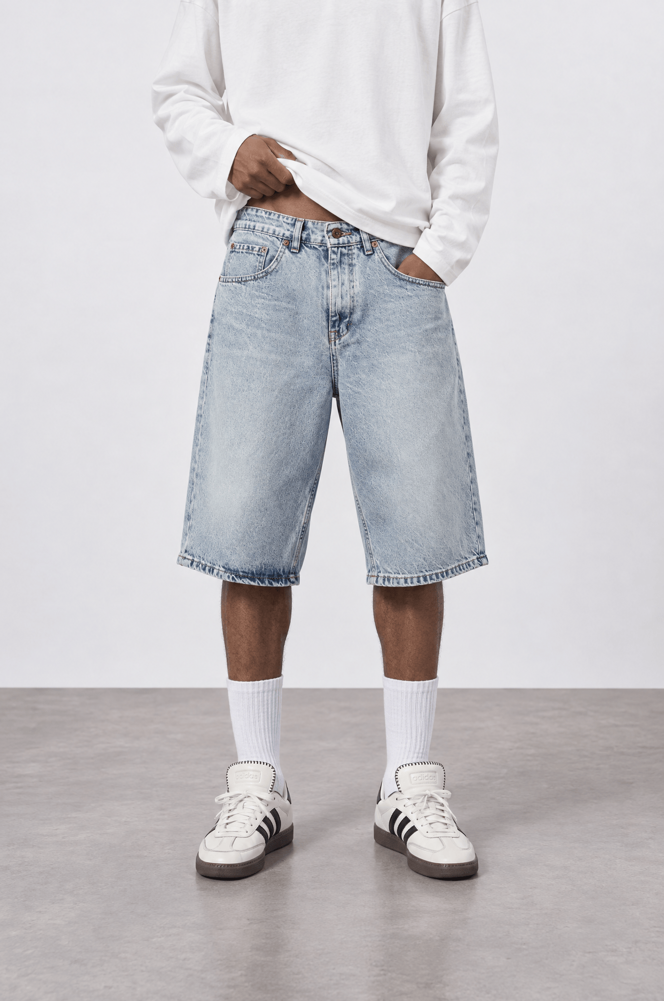 Erkek Washed Jean Şort Buz Mavi