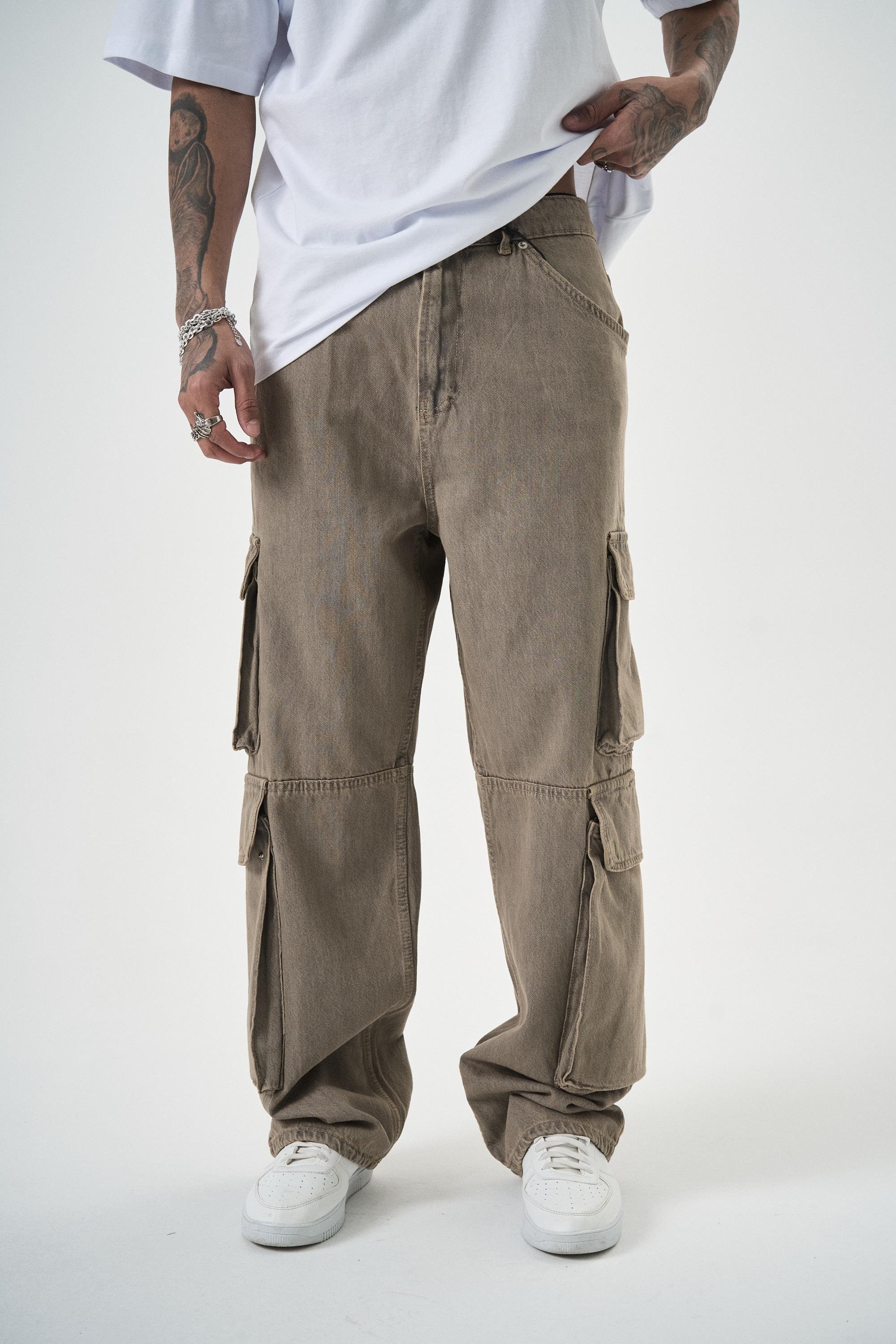 Erkek Washed Kargo Baggy Pantolon K.Bej