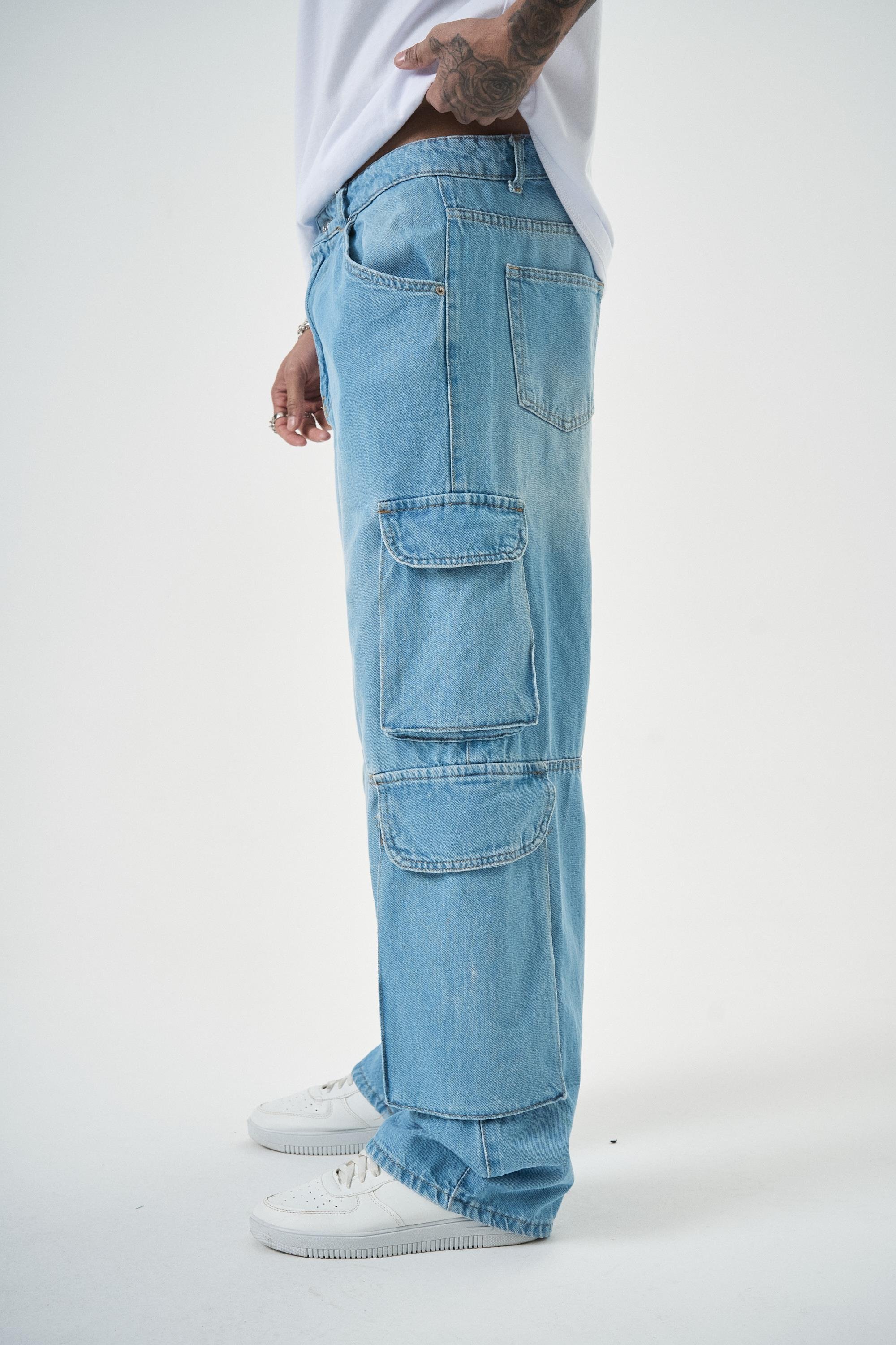 Erkek Washed Kargo Baggy Pantolon Mavi