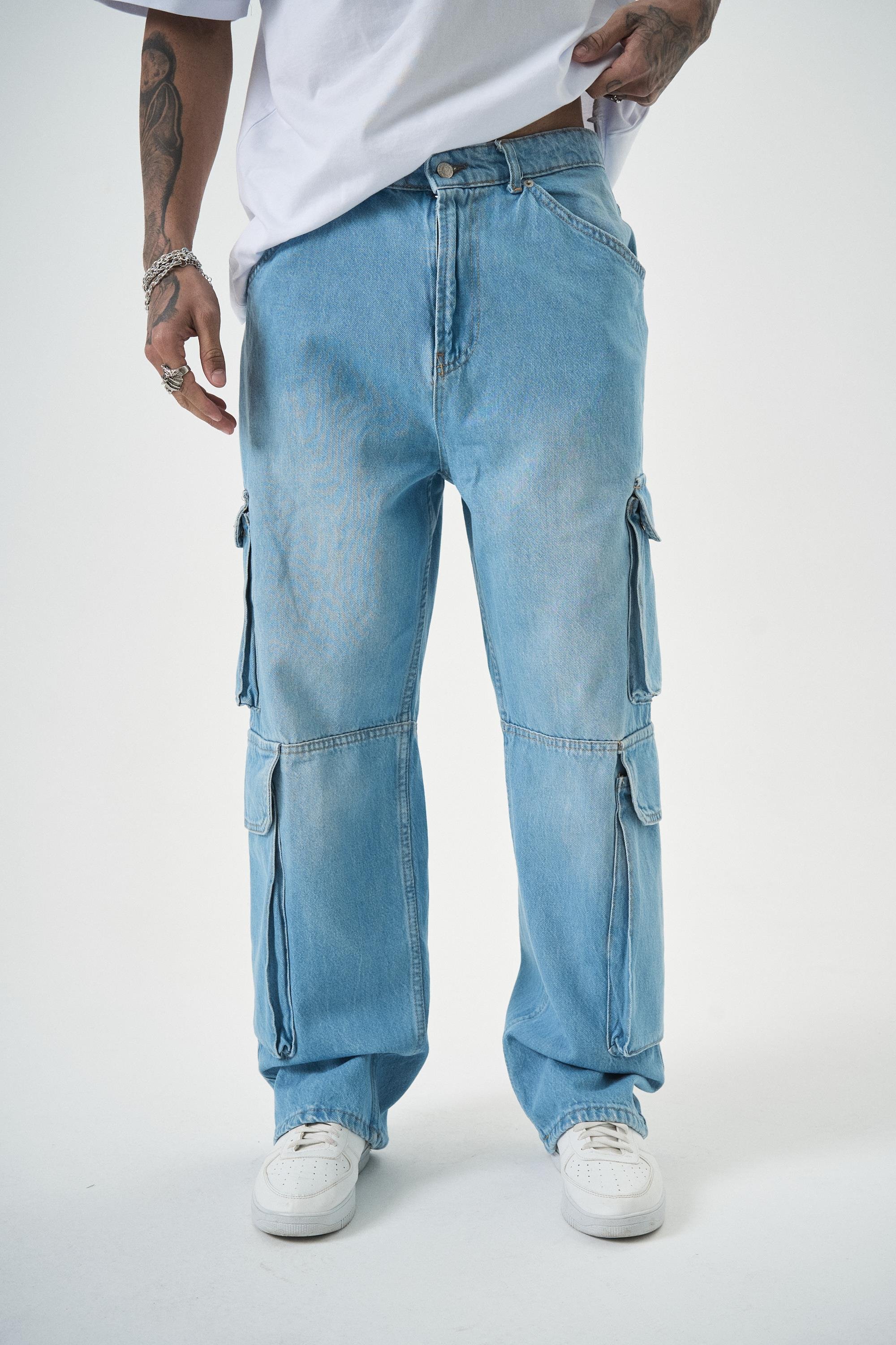 Erkek Washed Kargo Baggy Pantolon Mavi
