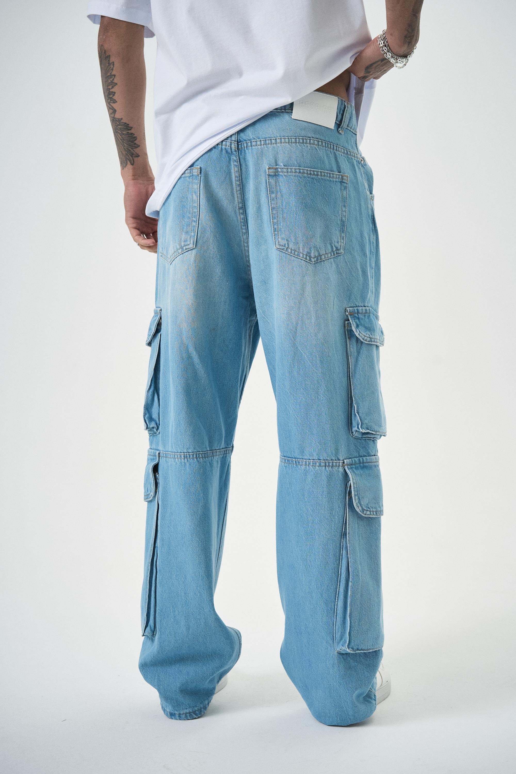 Erkek Washed Kargo Baggy Pantolon Mavi