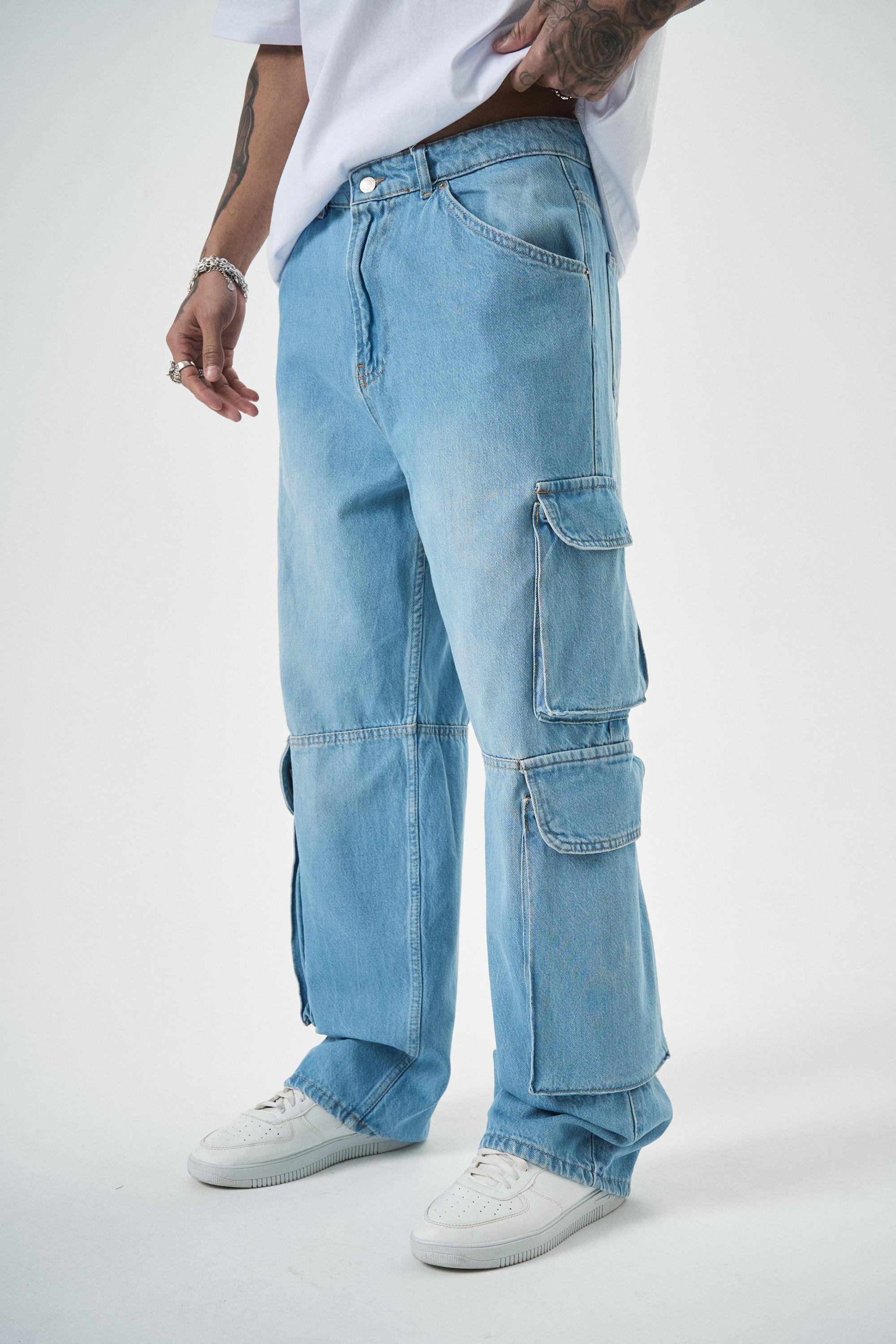 Erkek Washed Kargo Baggy Pantolon Mavi