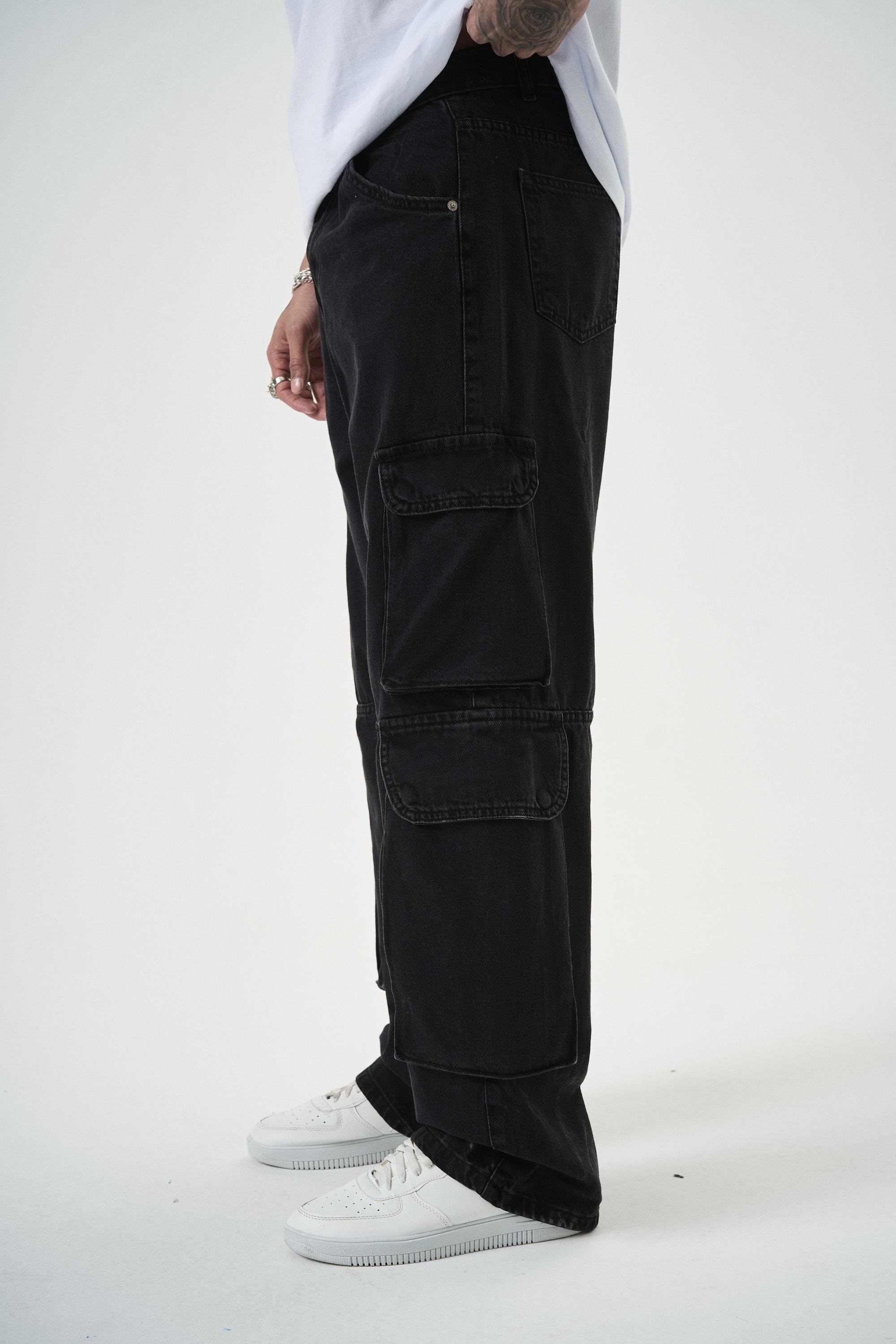 Erkek Washed Kargo Baggy Pantolon Siyah