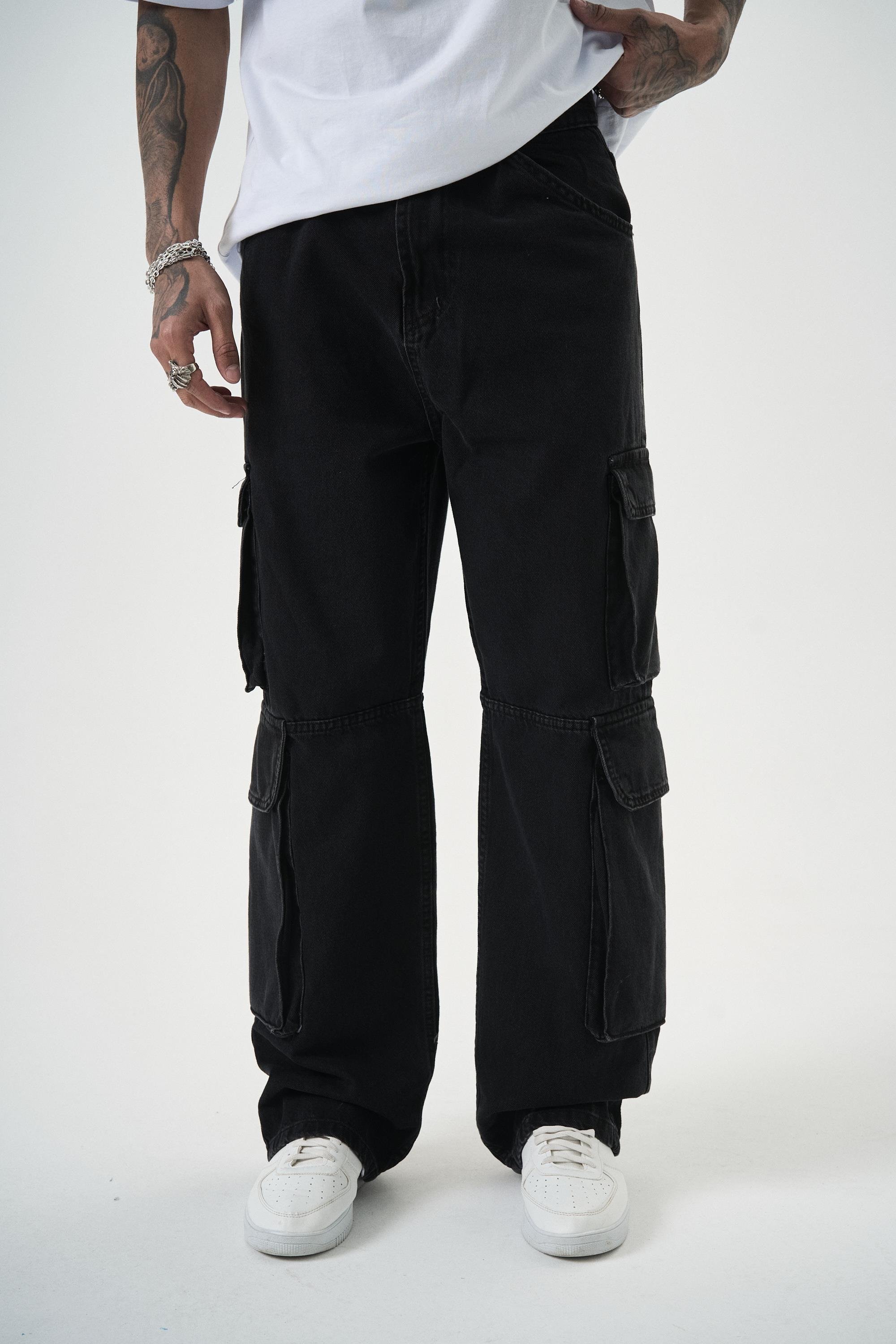 Erkek Washed Kargo Baggy Pantolon Siyah