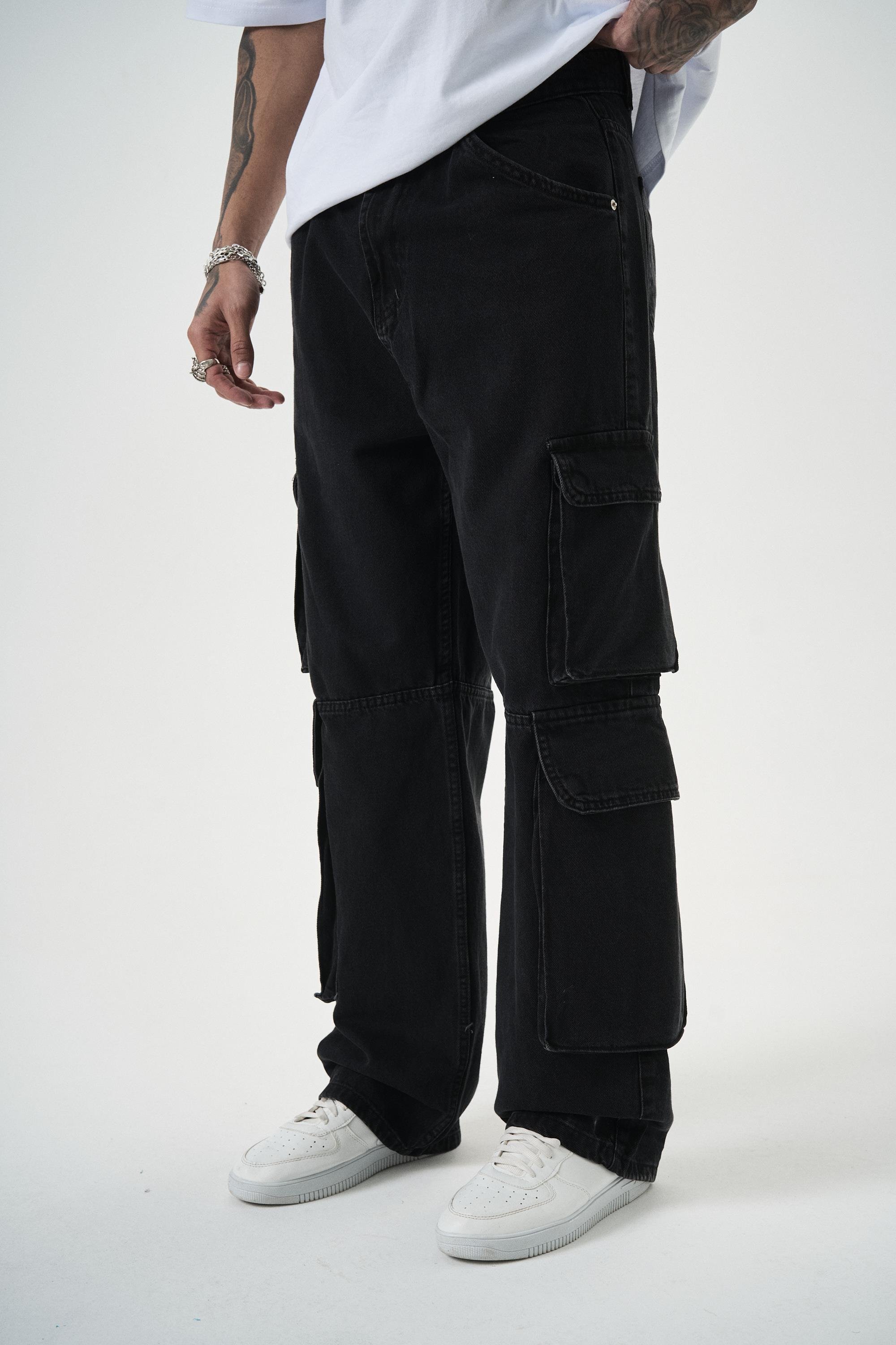 Erkek Washed Kargo Baggy Pantolon Siyah