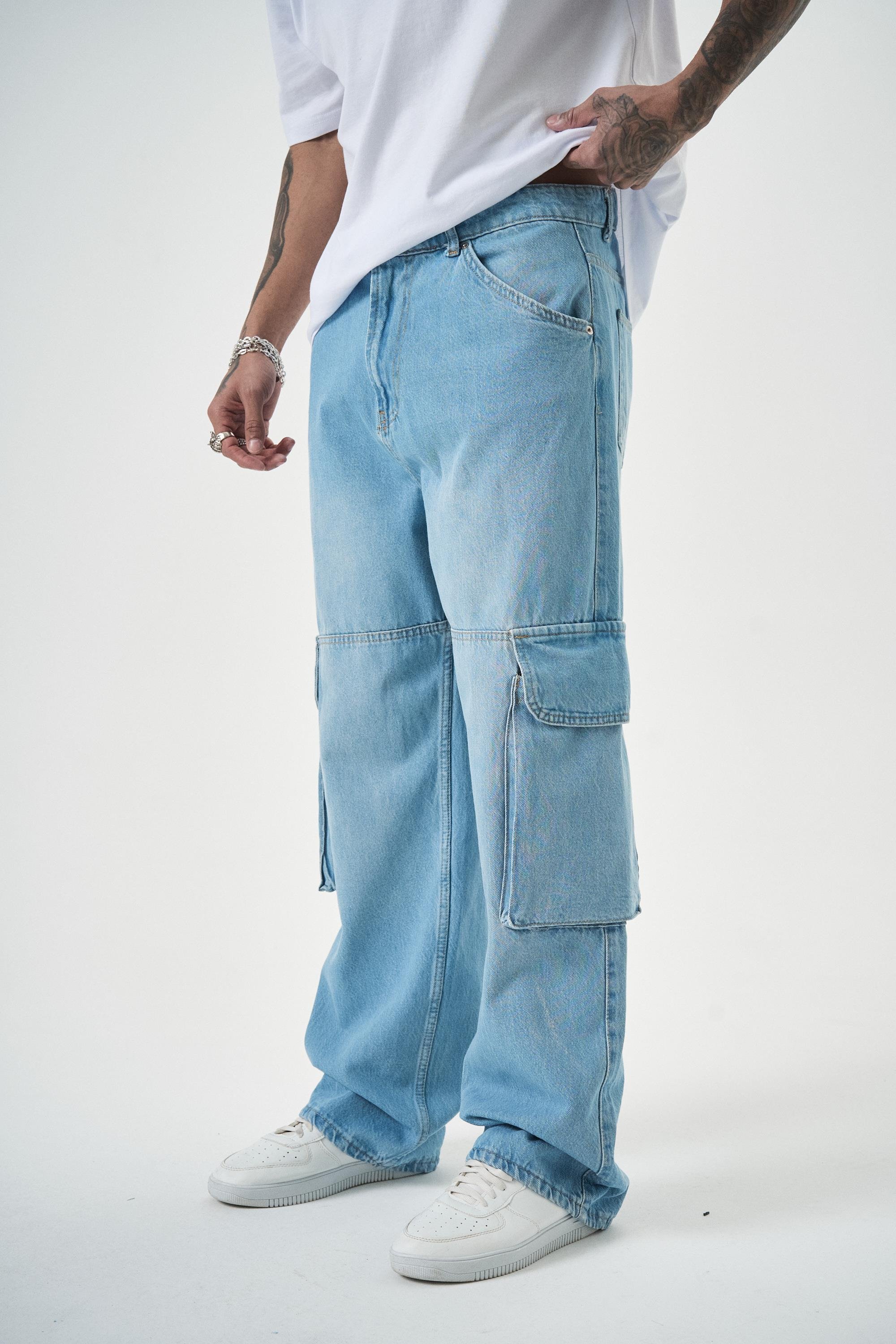 Erkek Washed Paraşüt Kargo Baggy Pantolon Mavi