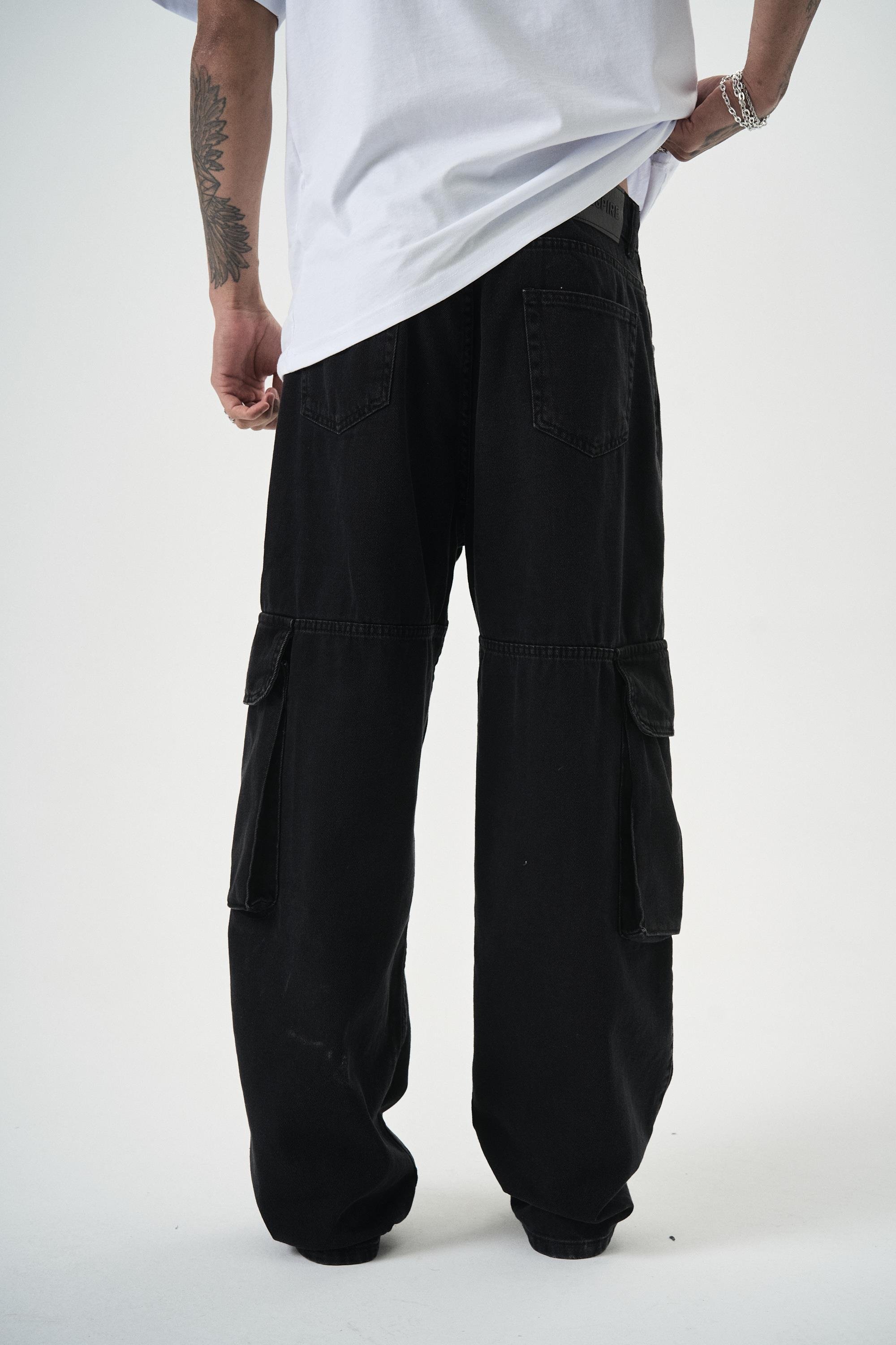 Erkek Washed Paraşüt Kargo Baggy Pantolon Siyah