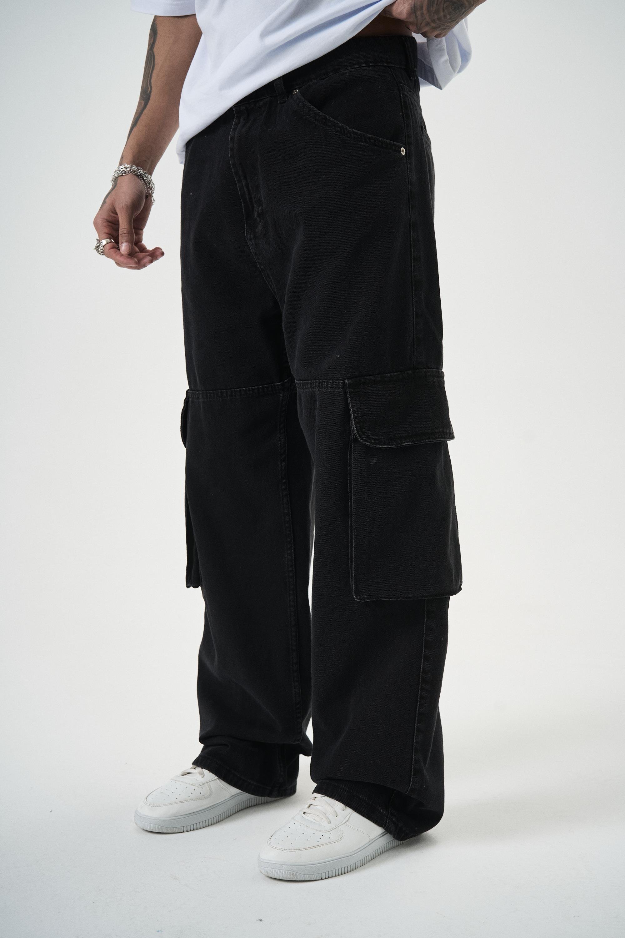 Erkek Washed Paraşüt Kargo Baggy Pantolon Siyah