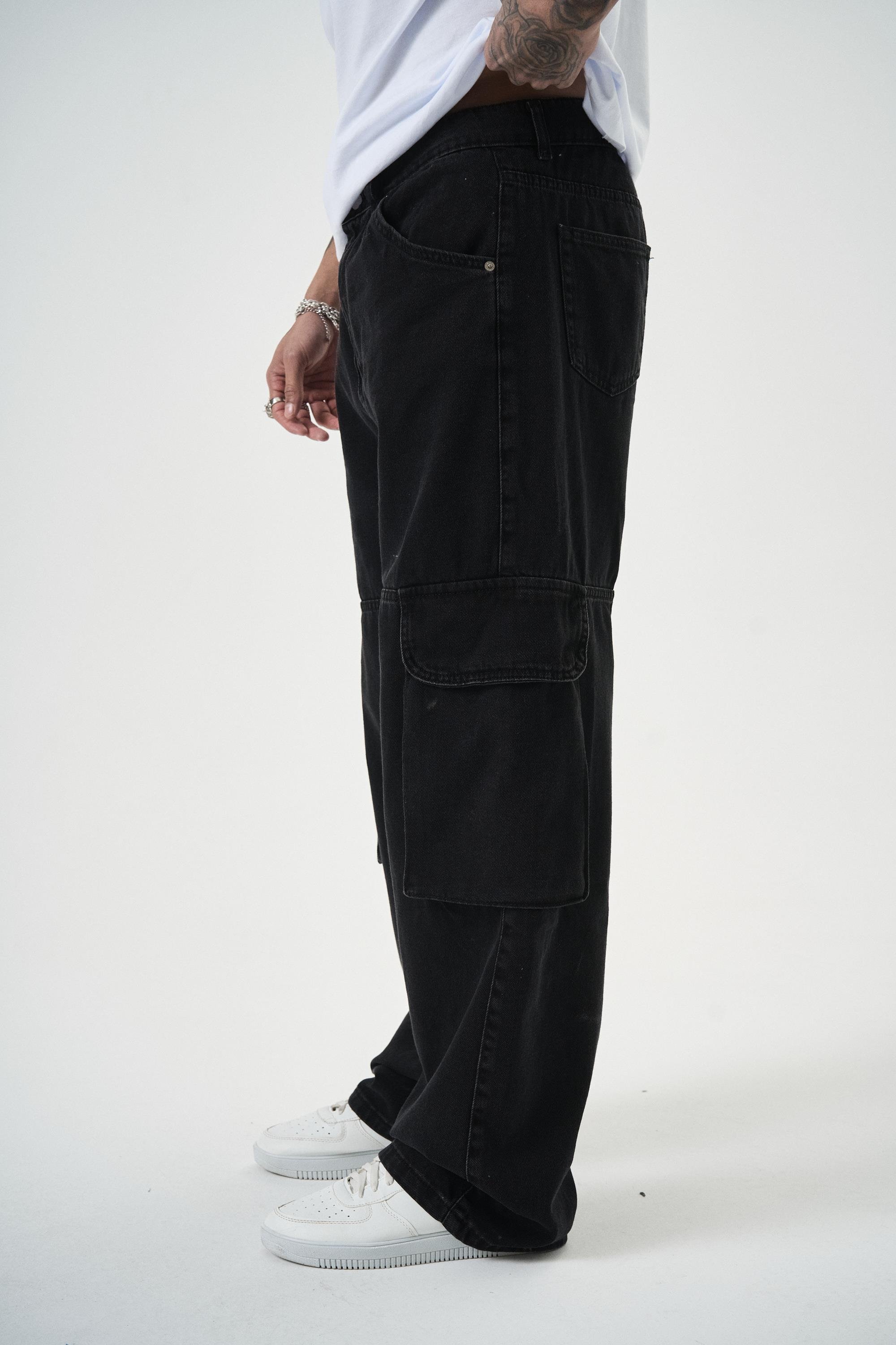 Erkek Washed Paraşüt Kargo Baggy Pantolon Siyah