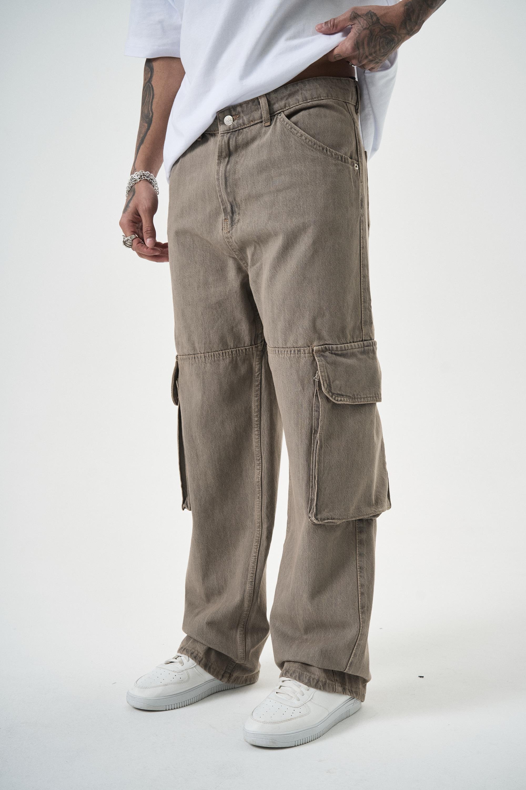 Erkek Washed Paraşüt Kargo Baggy Pantolon K.Bej