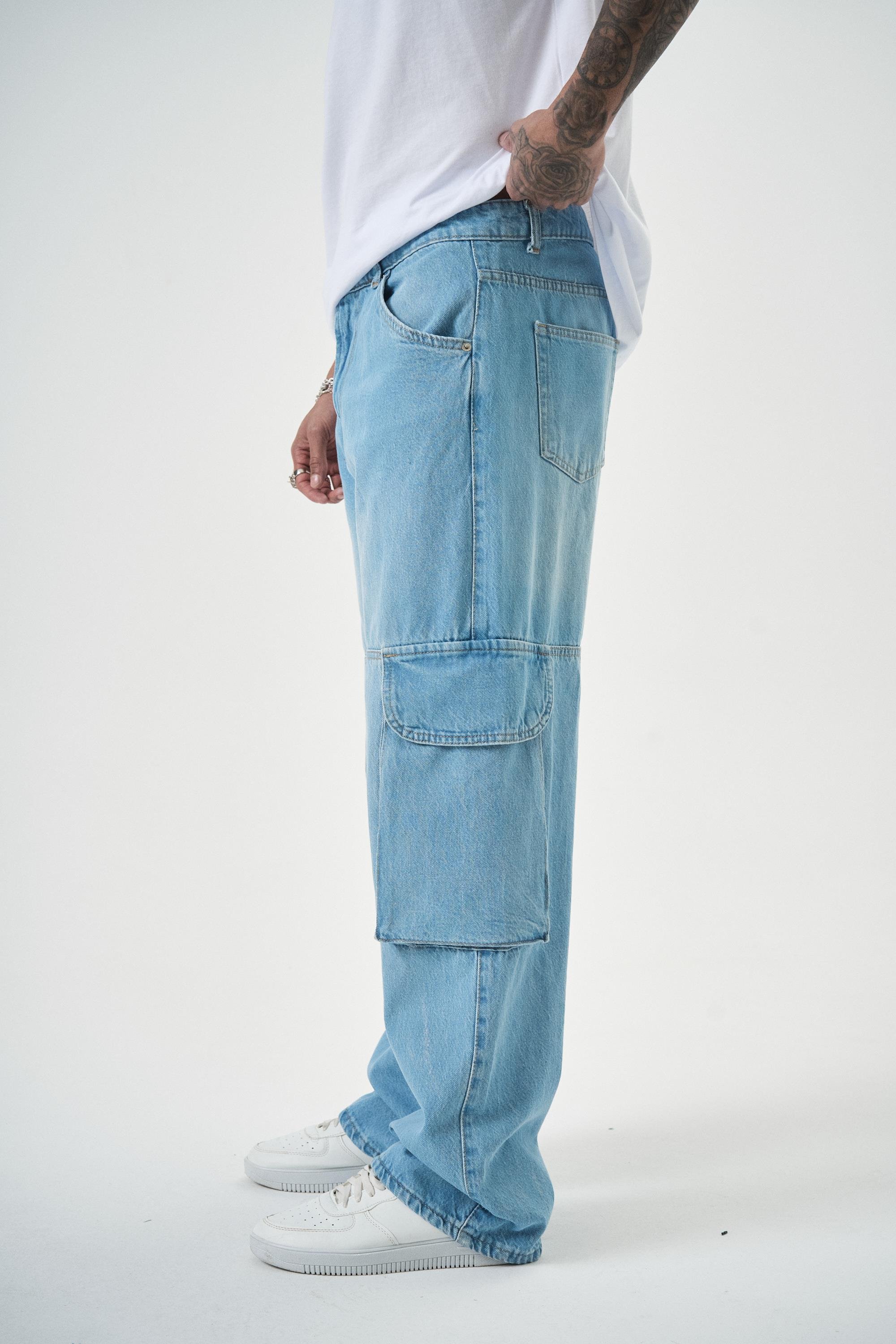 Erkek Washed Paraşüt Kargo Baggy Pantolon Mavi