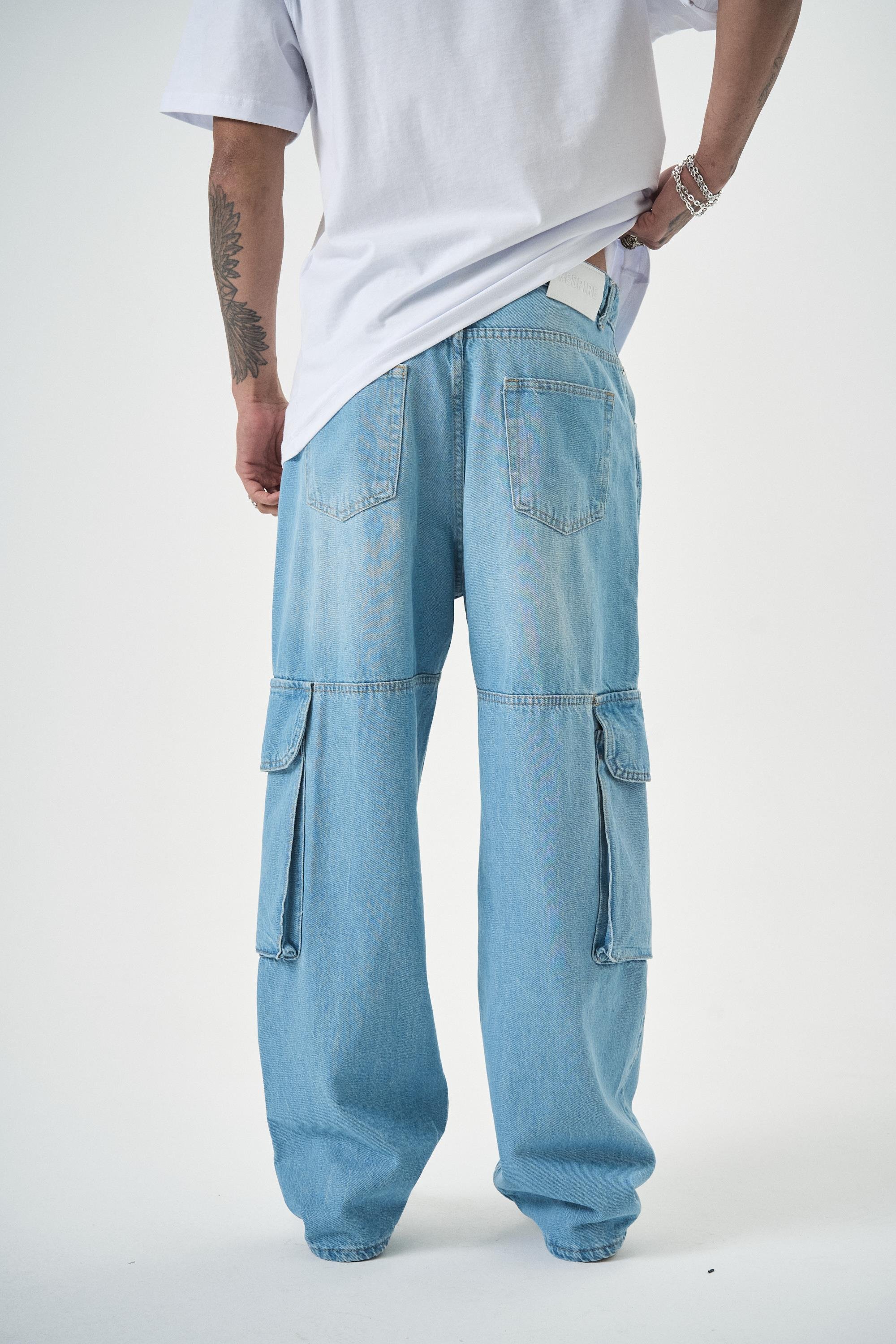 Erkek Washed Paraşüt Kargo Baggy Pantolon Mavi
