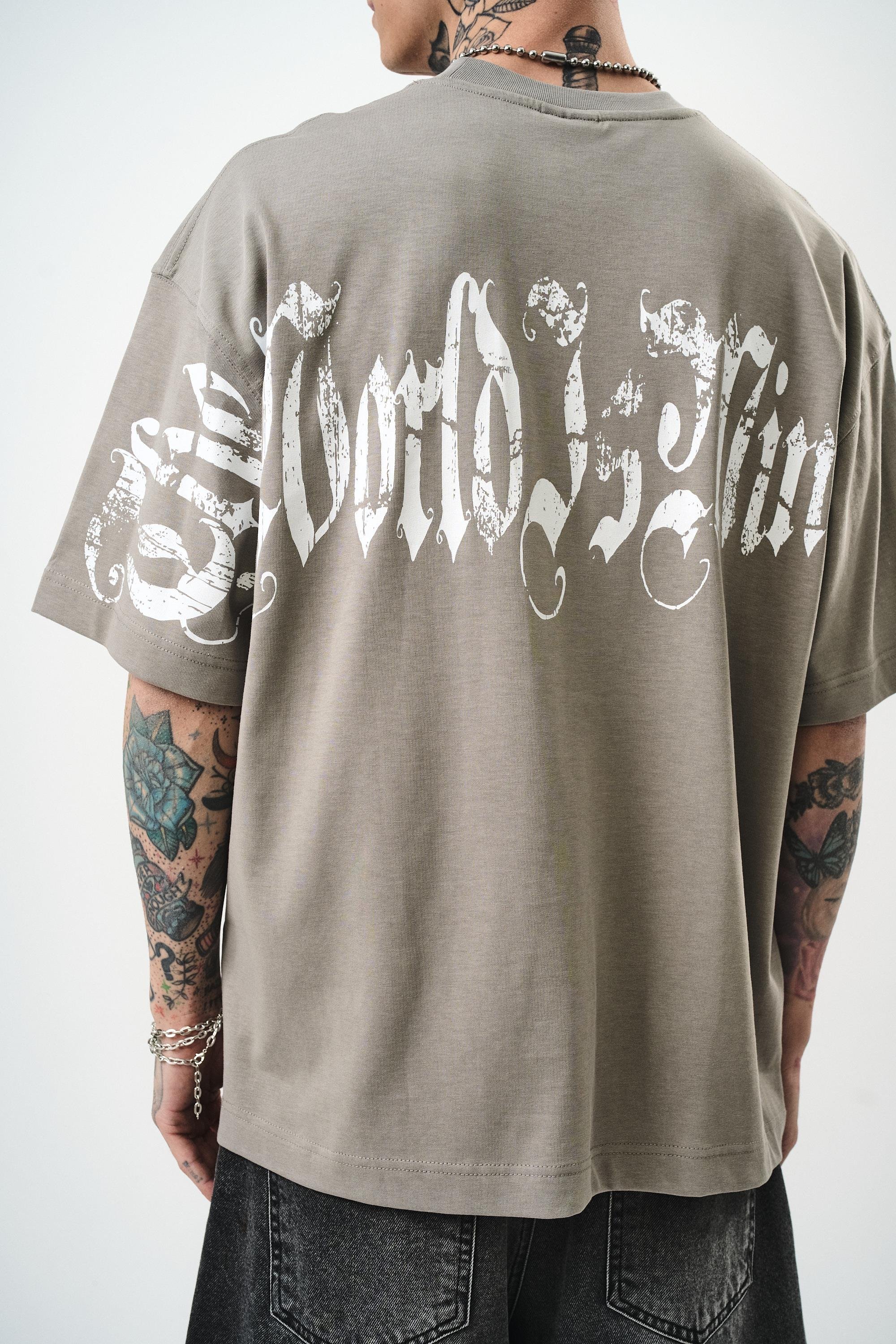 Erkek World Is Mine Baskılı Oversize T-Shirt Gri