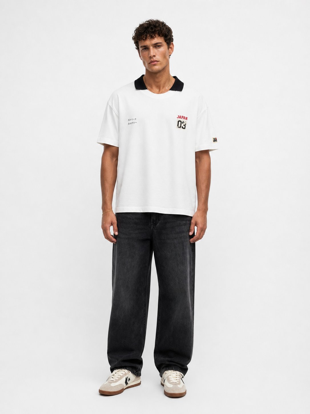 Erkek Yaka Detaylı Oversize T-Shirt Ekru