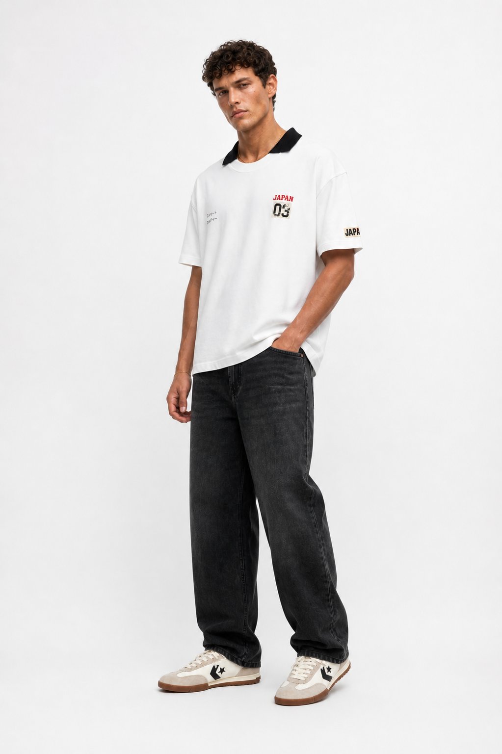 Erkek Yaka Detaylı Oversize T-Shirt Ekru