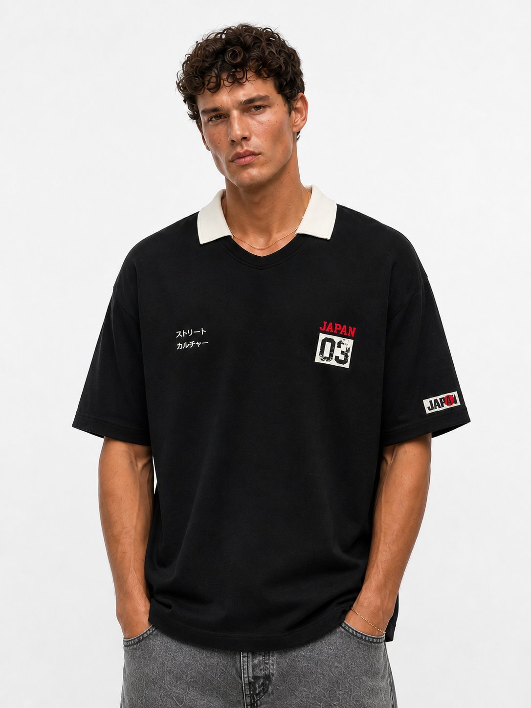 Erkek Yaka Detaylı Oversize T-Shirt Siyah