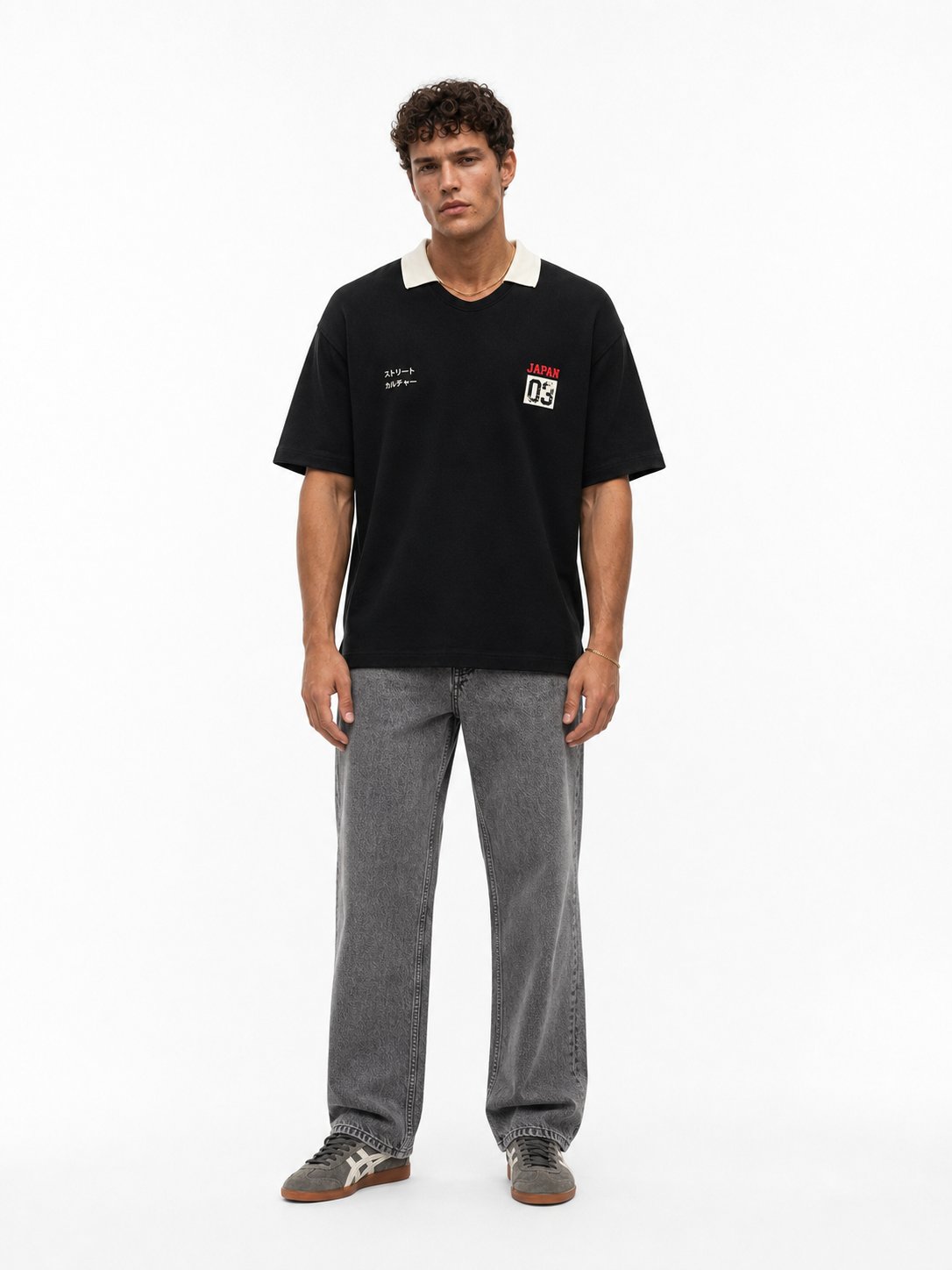 Erkek Yaka Detaylı Oversize T-Shirt Siyah