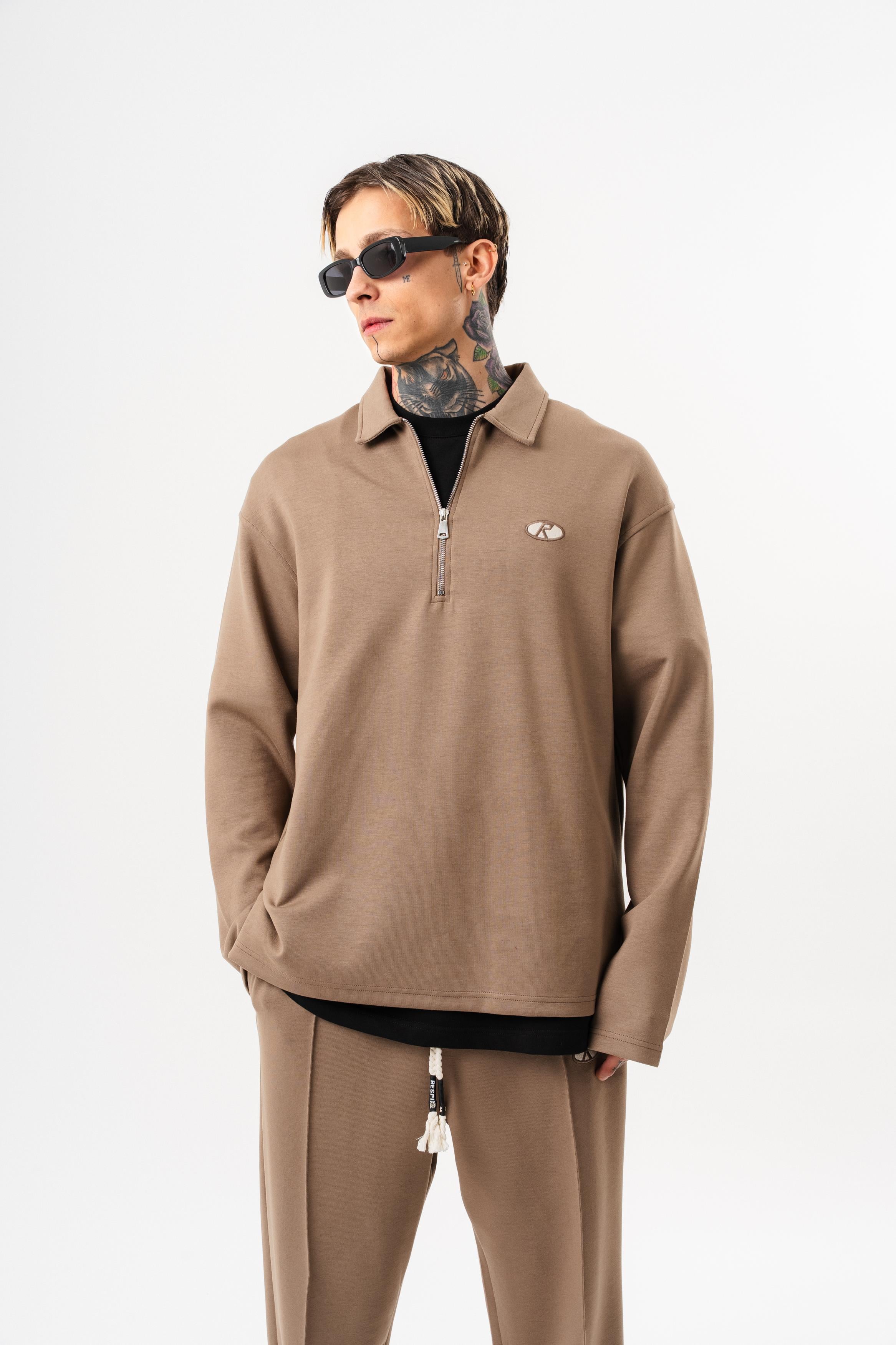 Erkek Yarım Fermuarlı Modal Sweatshirt Vizon