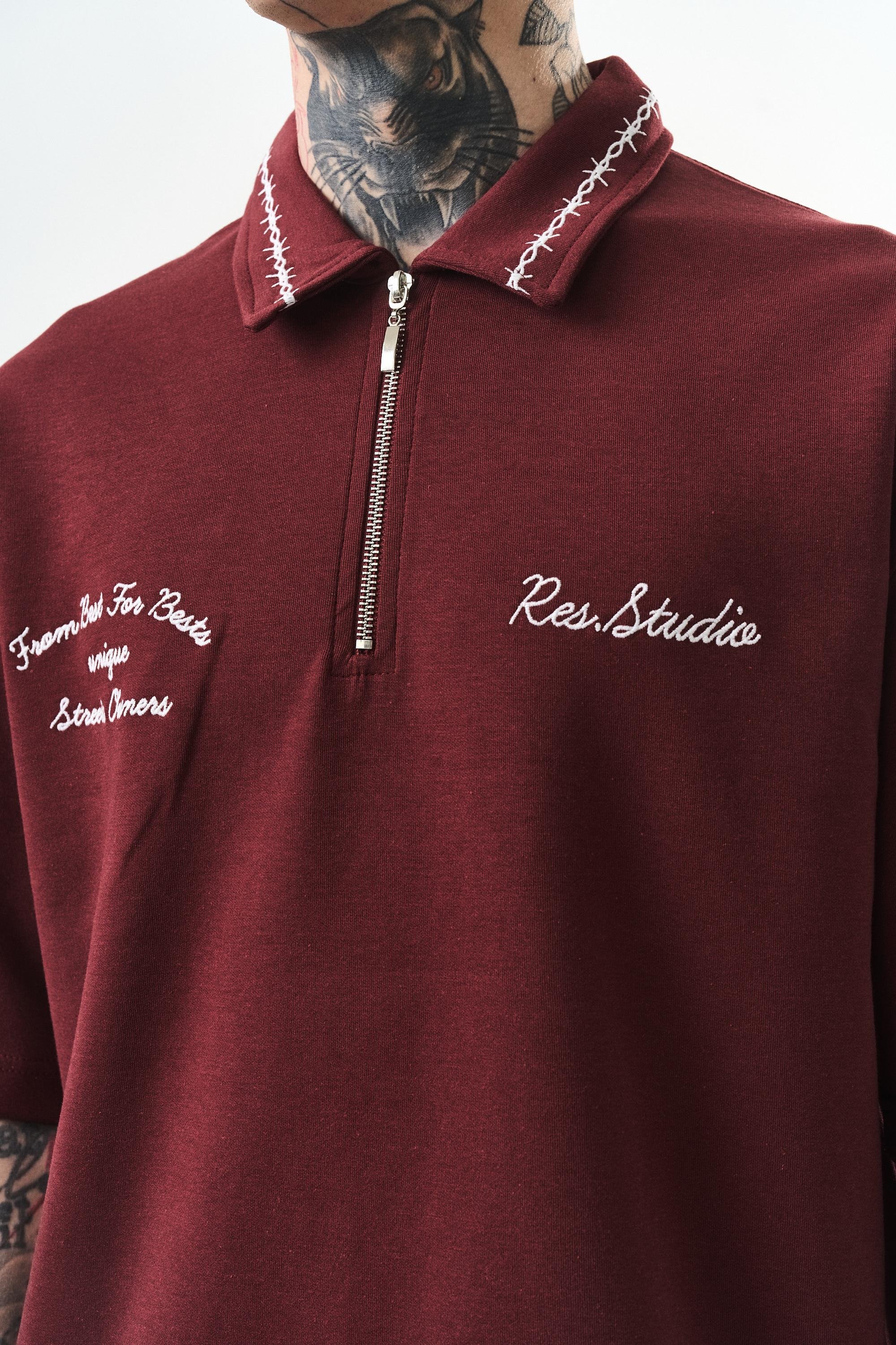 Erkek Yarım Fermuarlı Nakışlı Oversize T-Shirt Bordo