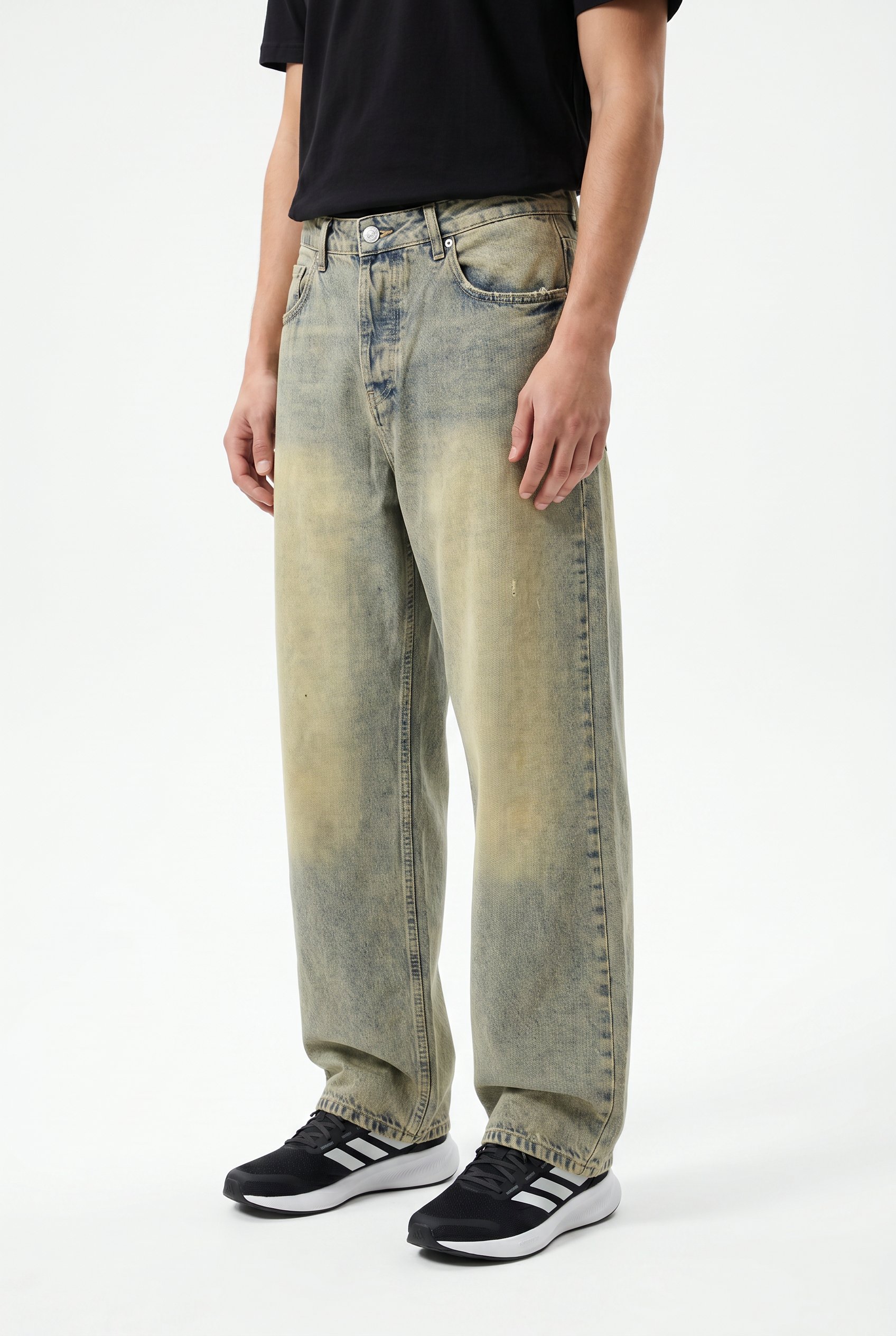 Erkek Yıkama Detaylı Baggy Jean Bej