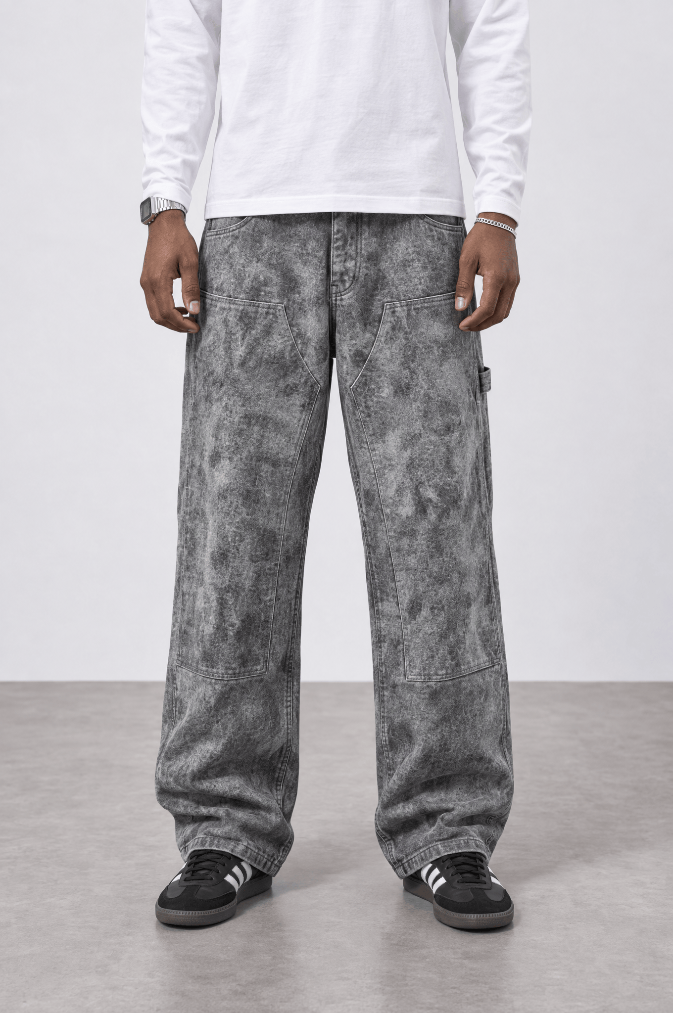 Erkek Yıkamalı Carpenter Baggy Jean Füme