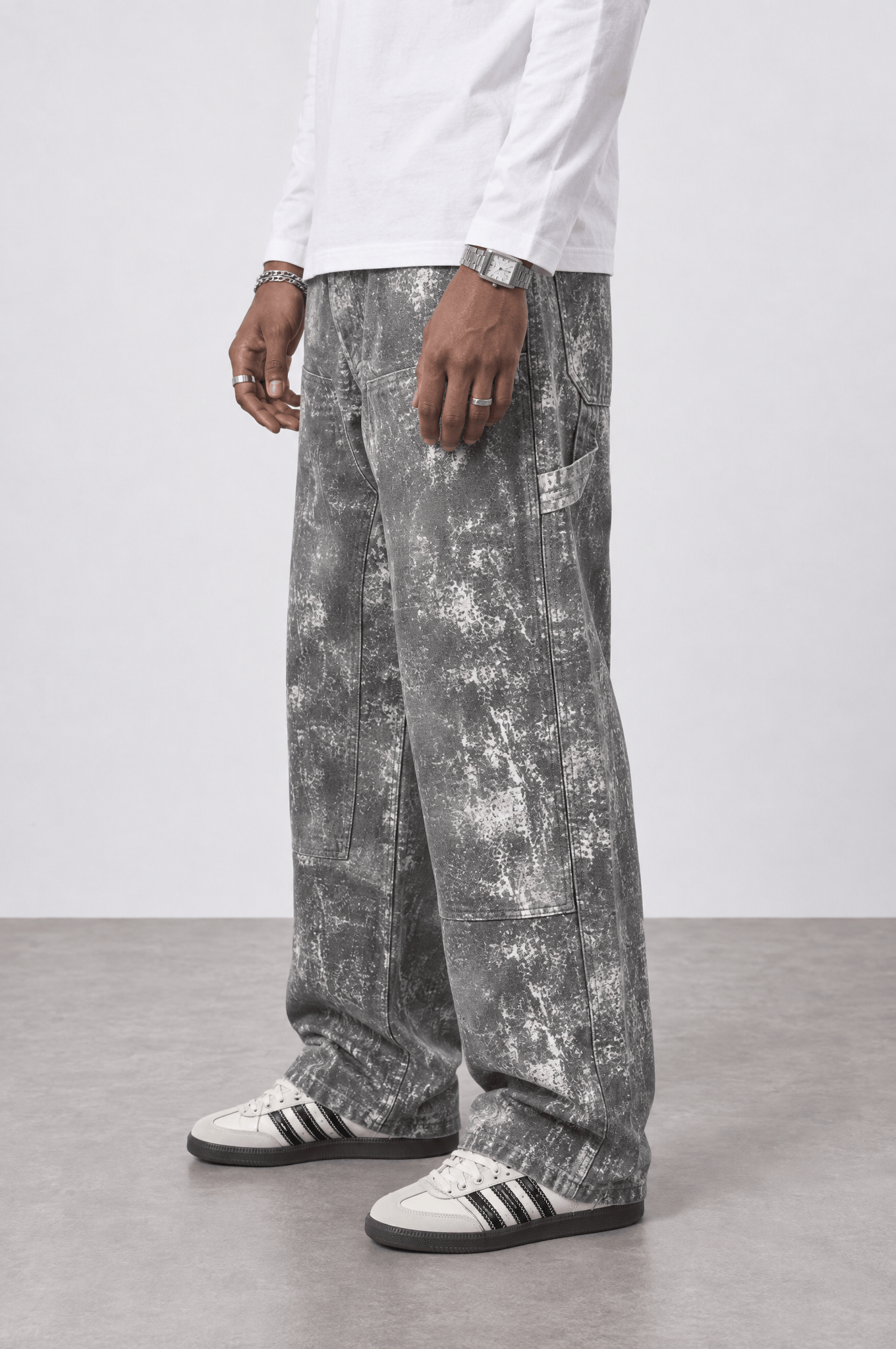 Erkek Yıkamalı Carpenter Baggy Jean Gri