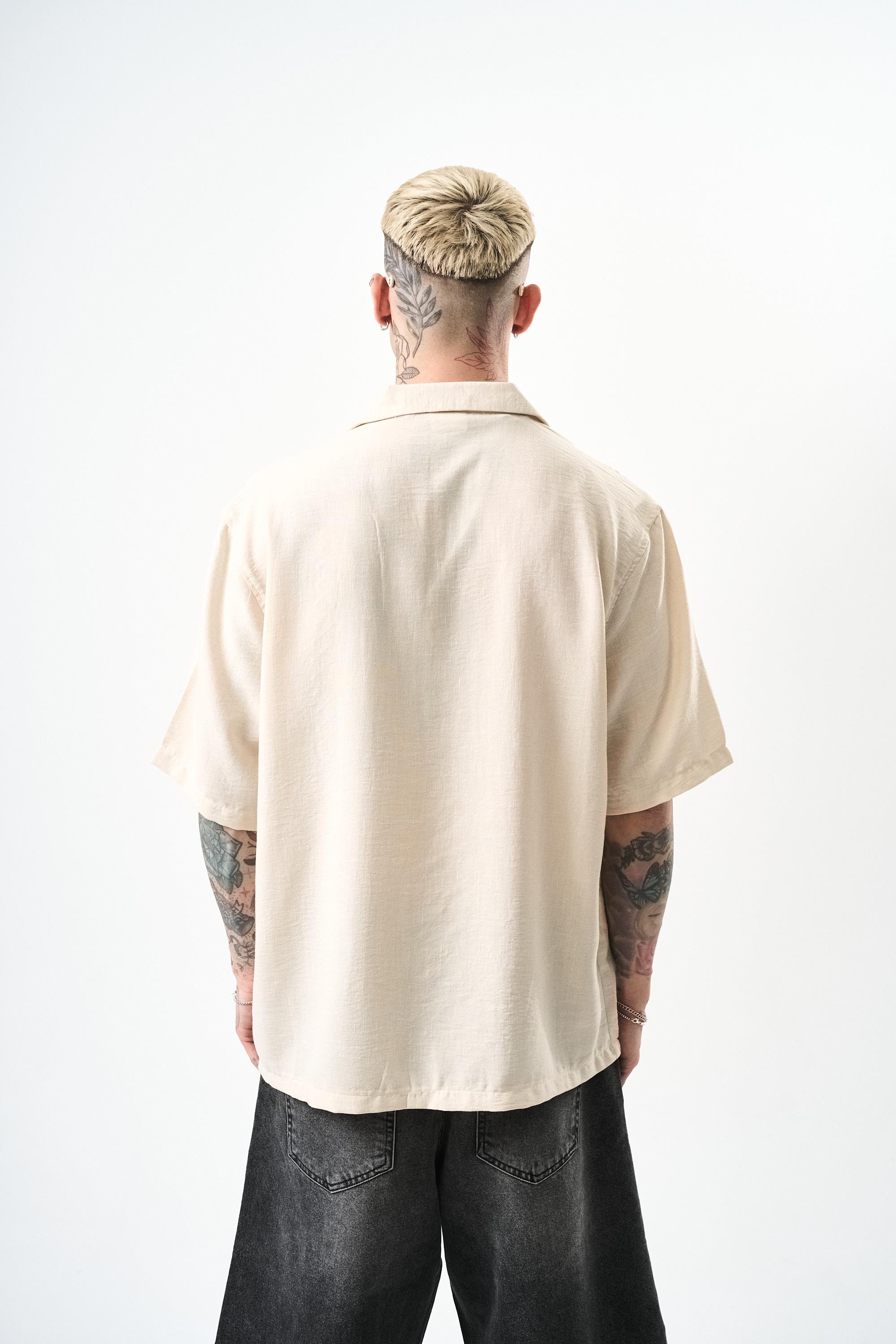Erkek Zigzag Nakışlı Oversize Keten Gömlek Bej