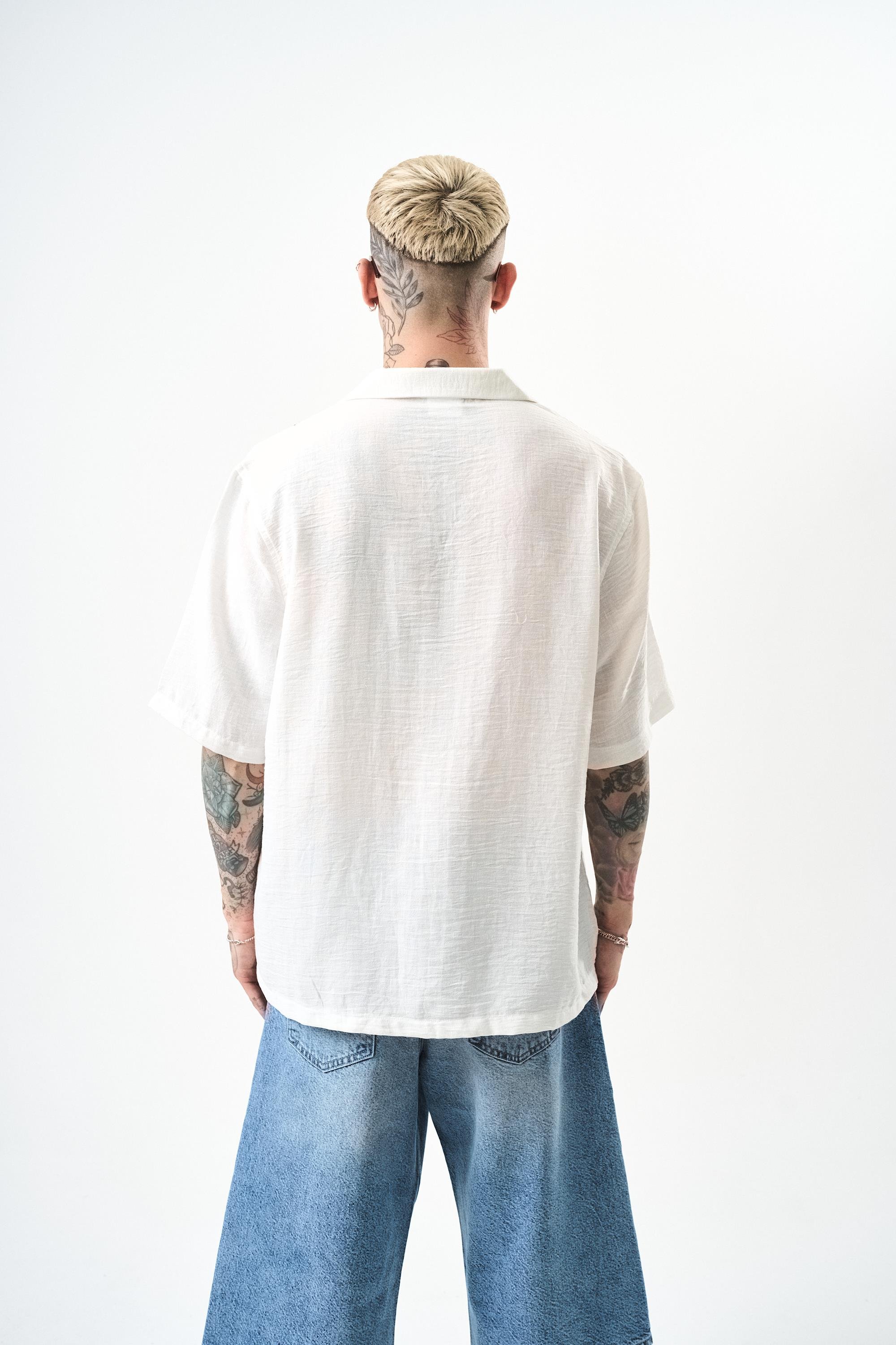 Erkek Zigzag Nakışlı Oversize Keten Gömlek Beyaz