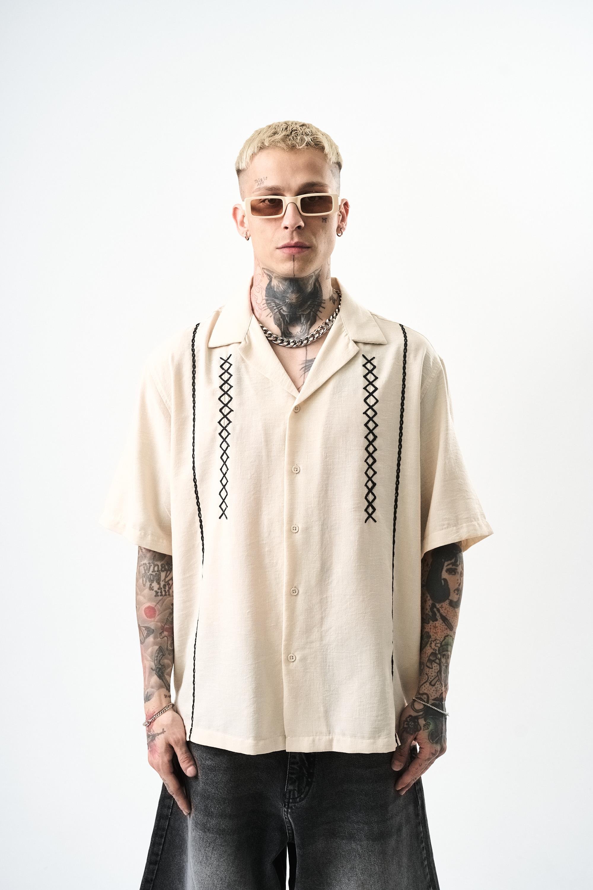 Erkek Zigzag Nakışlı Oversize Keten Gömlek Bej