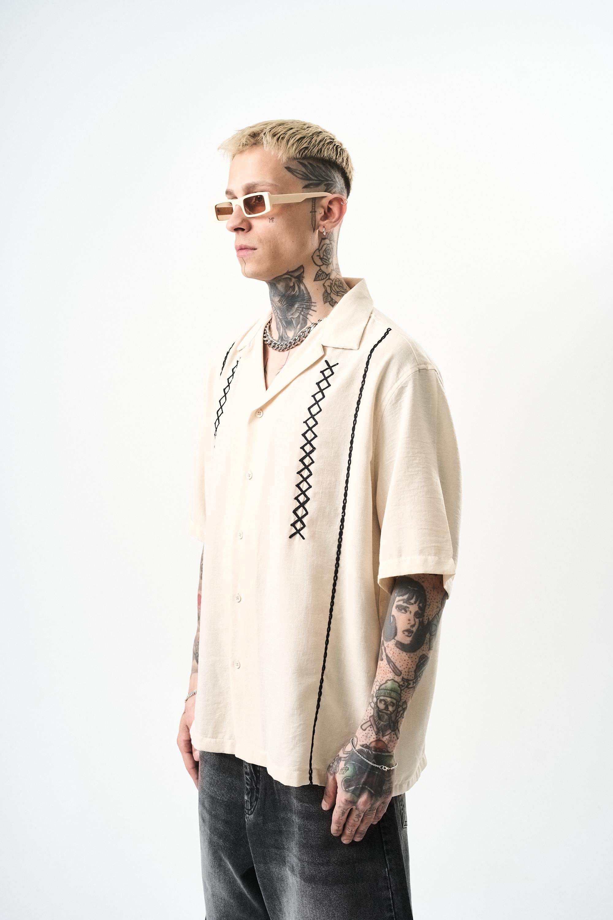 Erkek Zigzag Nakışlı Oversize Keten Gömlek Bej