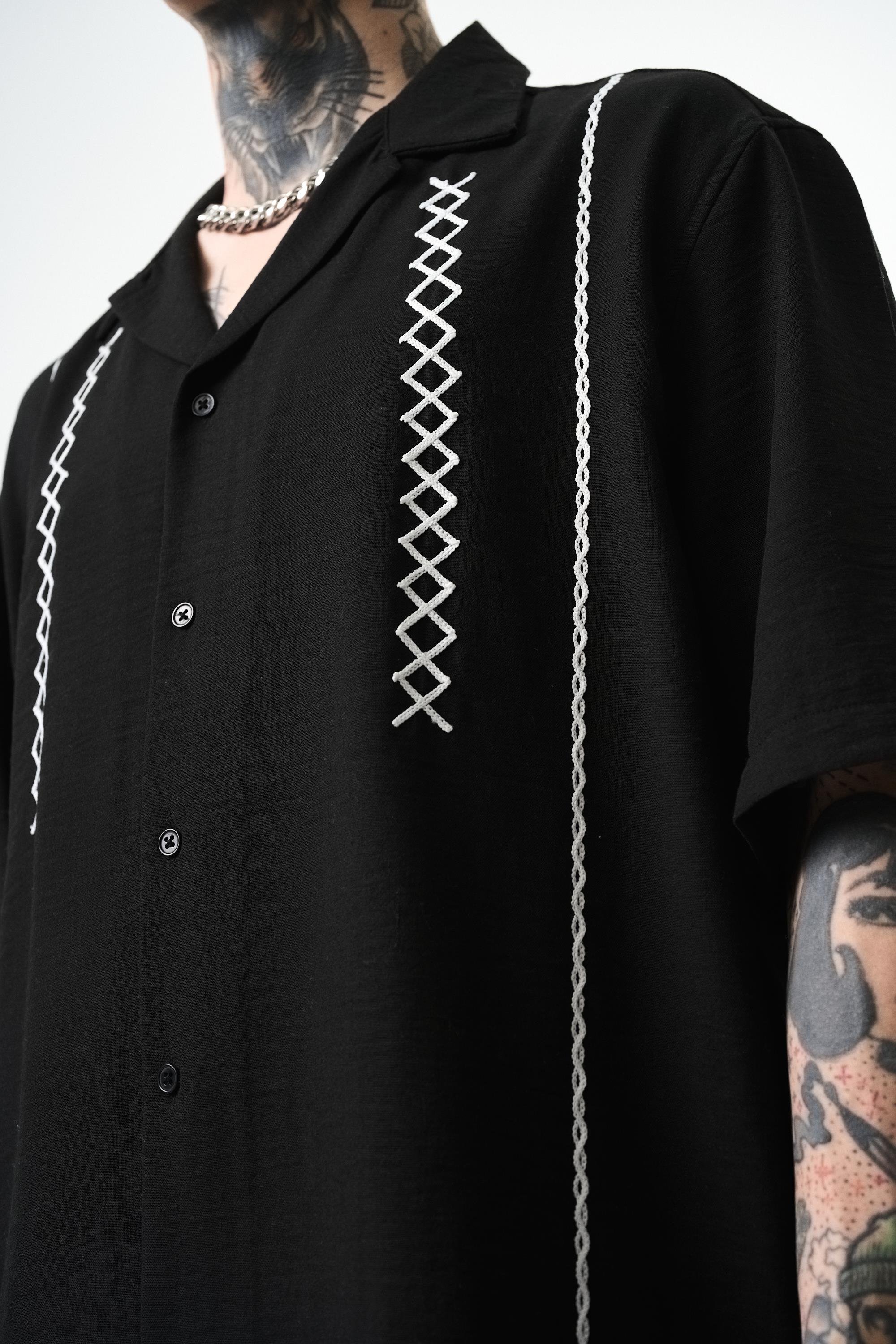 Erkek Zigzag Nakışlı Oversize Keten Gömlek Siyah