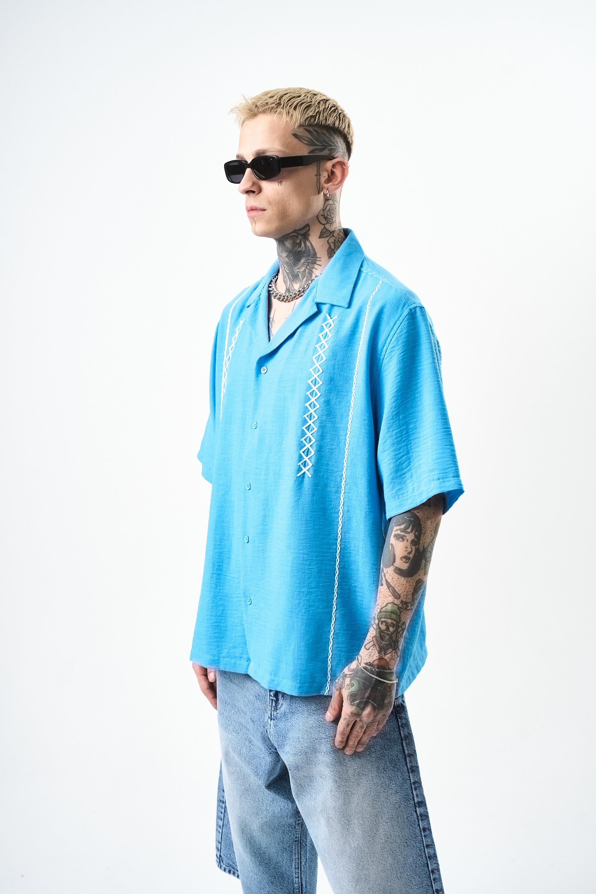 Erkek Zigzag Nakışlı Oversize Keten Gömlek Mavi