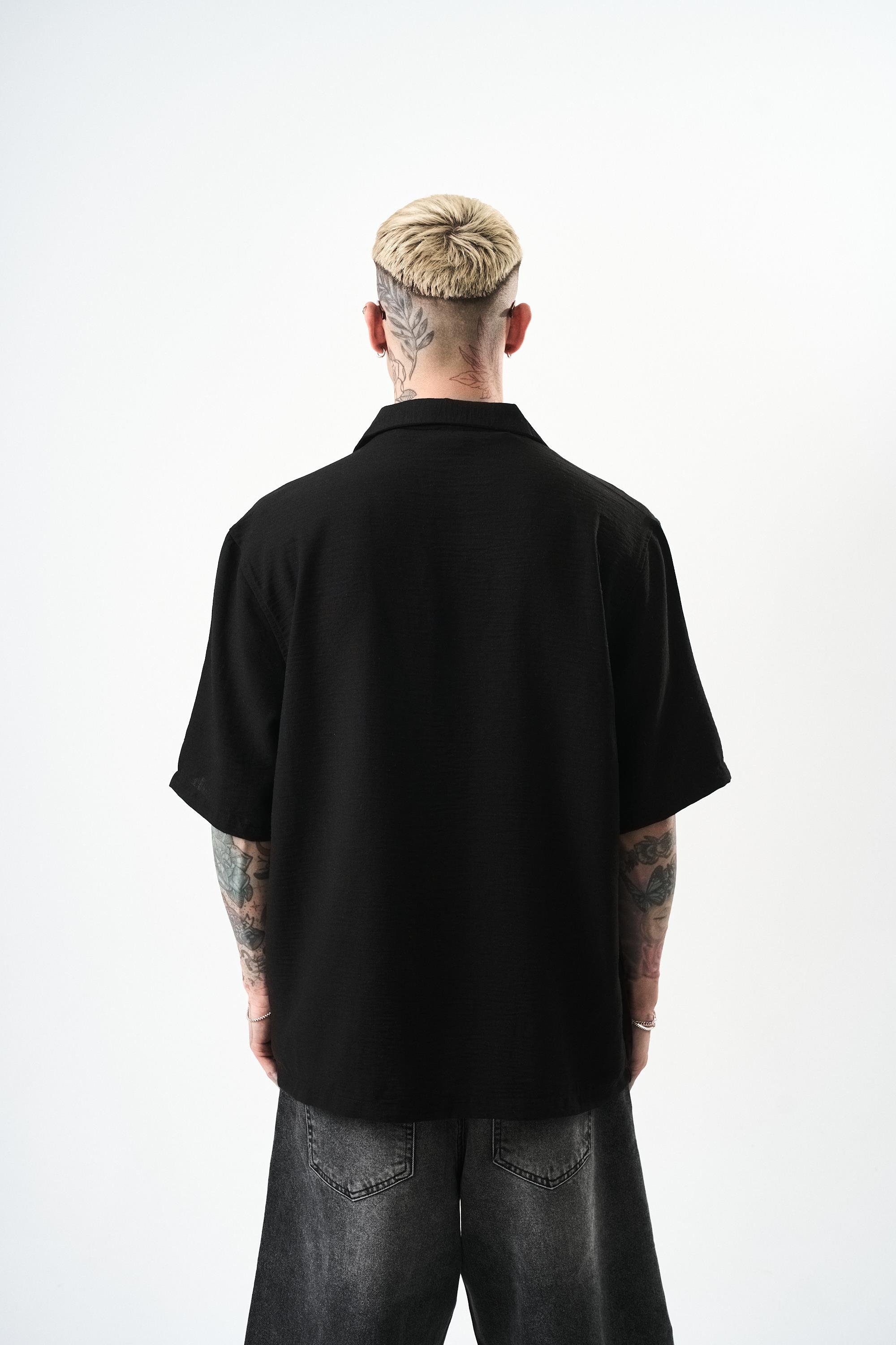 Erkek Zigzag Nakışlı Oversize Keten Gömlek Siyah