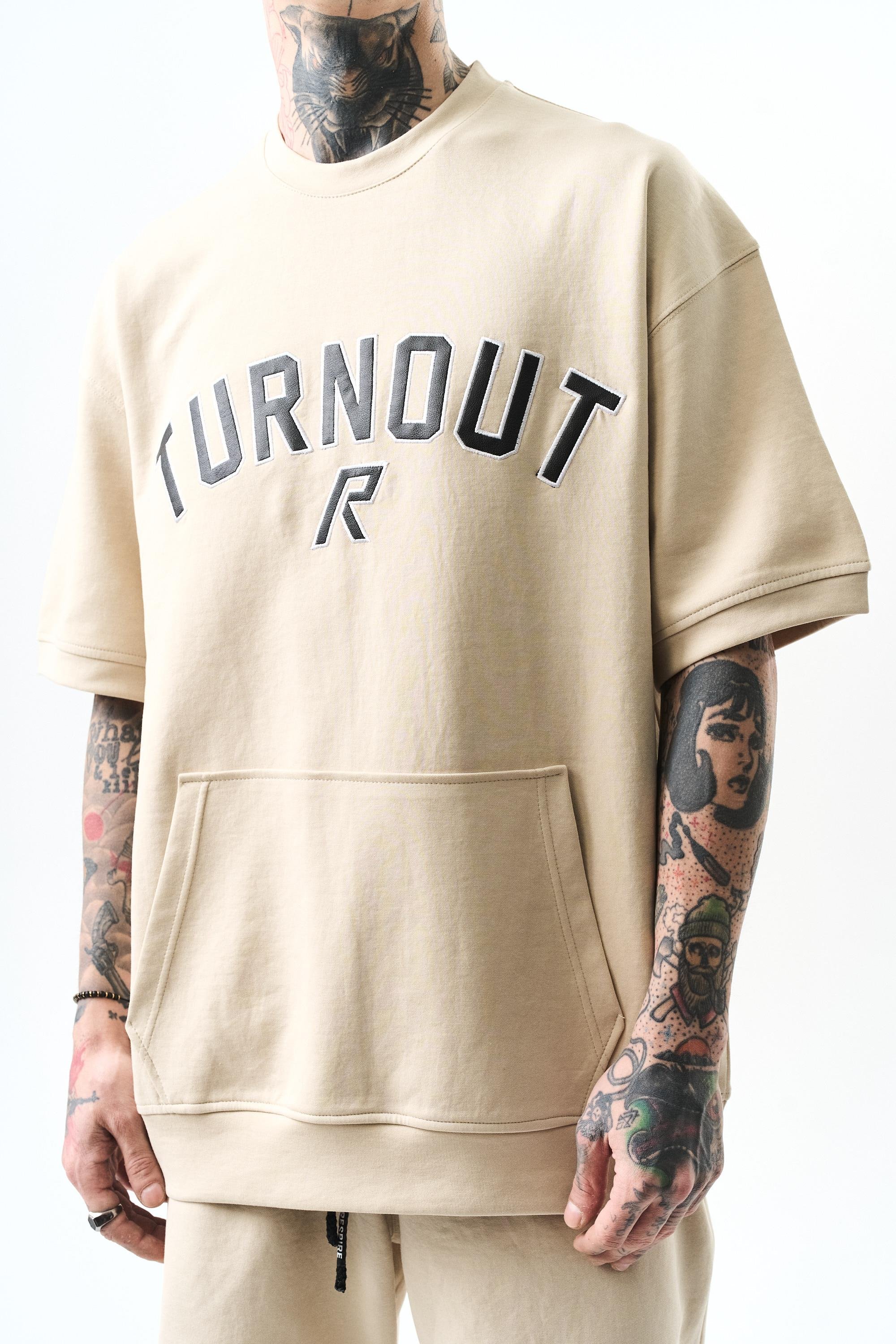 Turnout Nakışlı İnterlok Oversize Şort Takım Bej