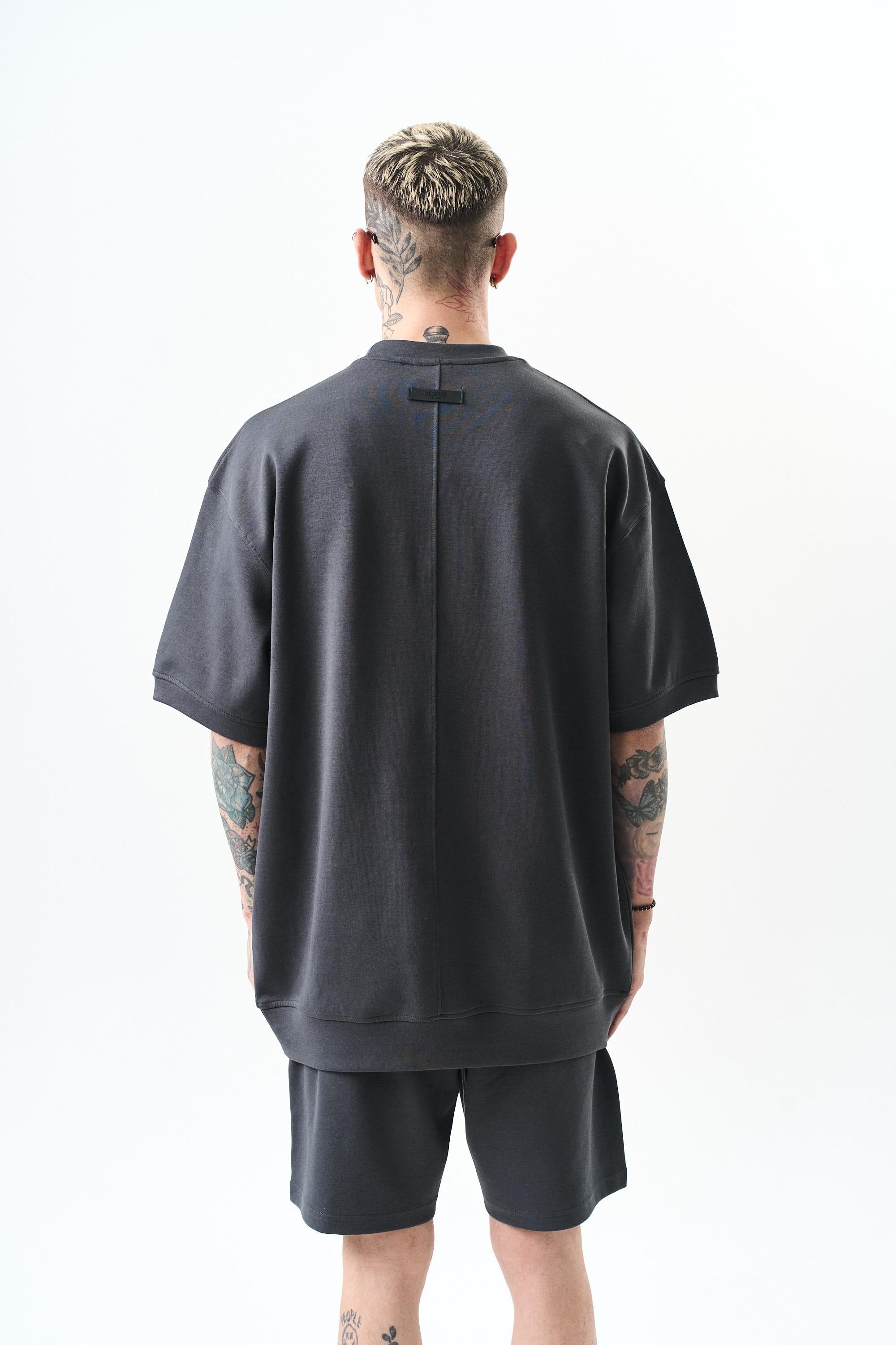 Turnout Nakışlı İnterlok Oversize Şort Takım Füme