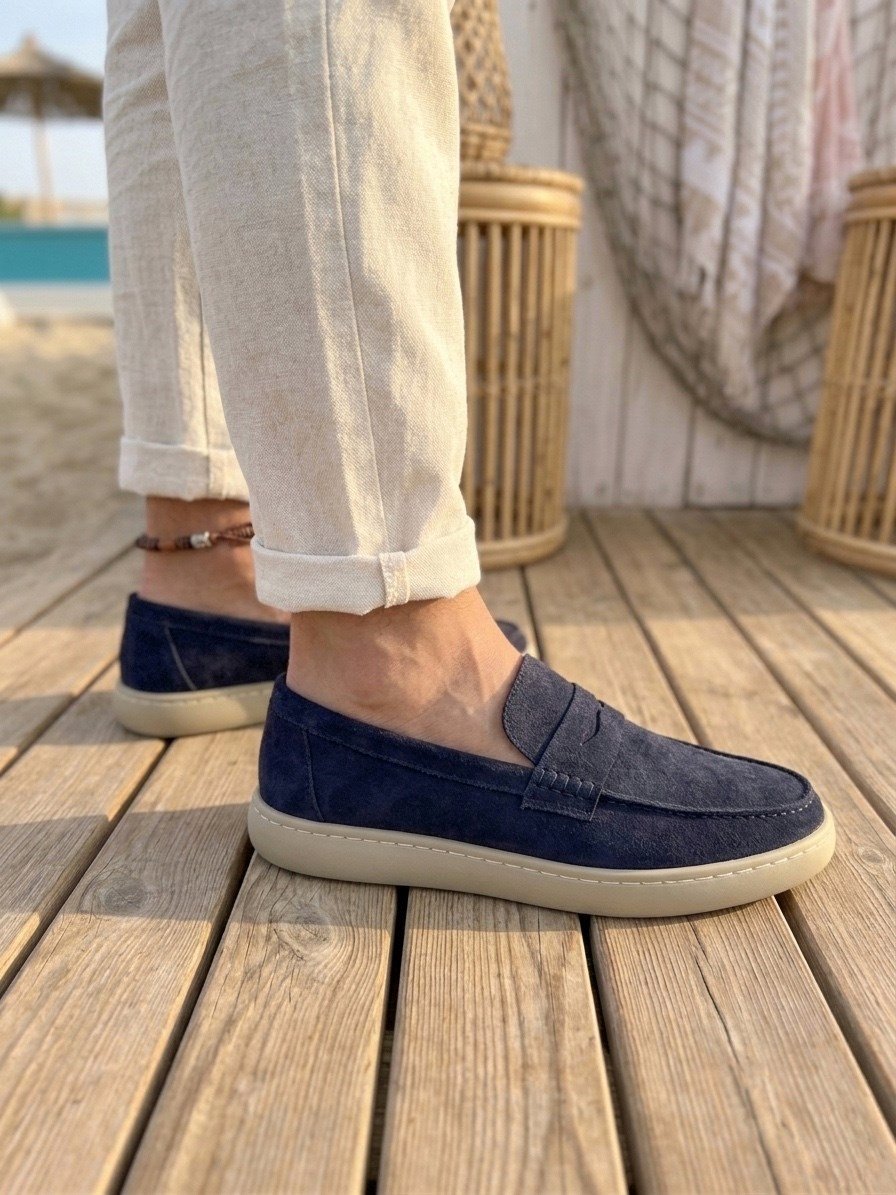BA0251 %100 İçi Dışı Hakiki Deri Erkek Lacivert Süet Casual Loafer Kauçuk Rahat Taban Dikişli Ayakkabı
